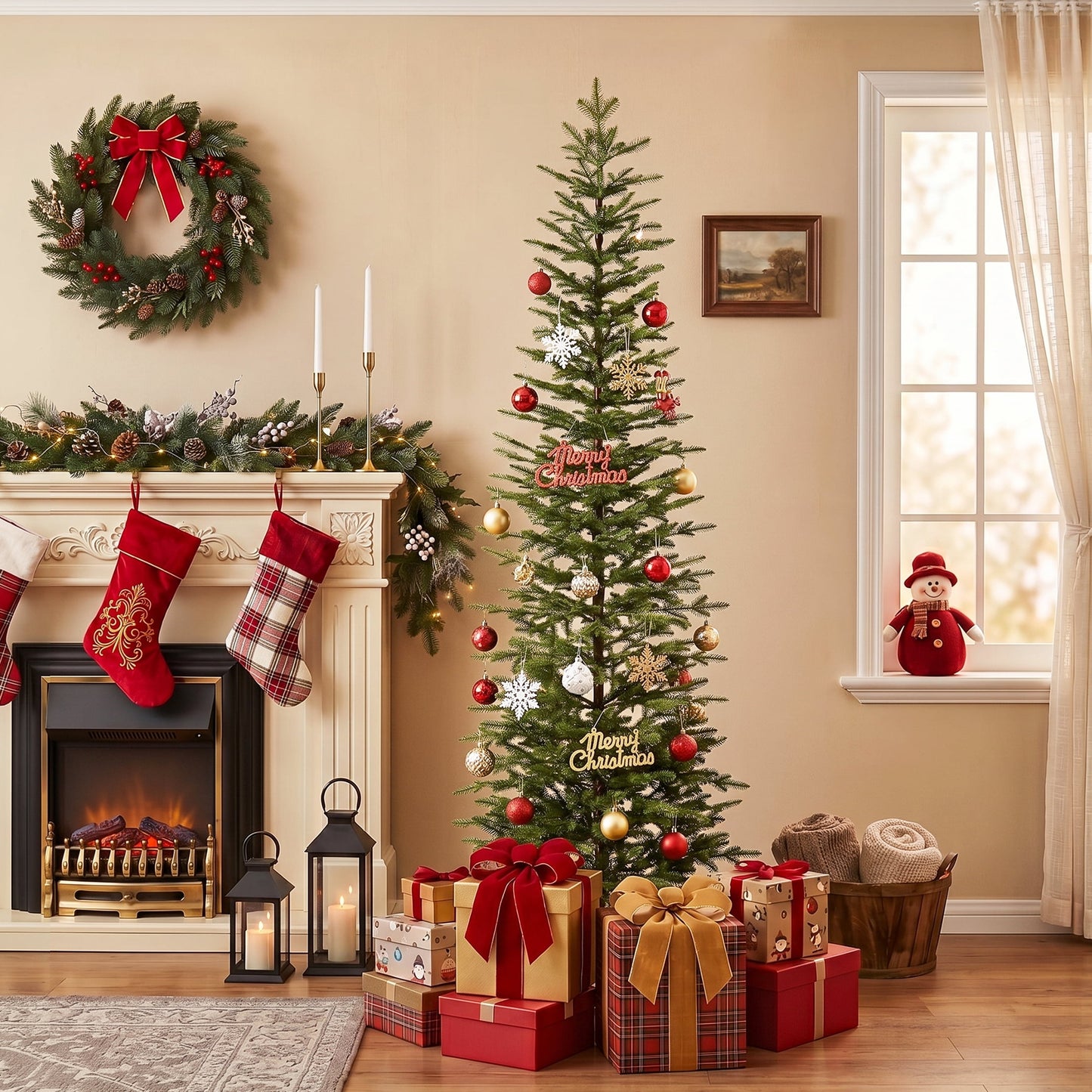 DR.Planzen 7ft Prelit Pencil Christmas Tree with 200 Warm White LED Lights, 1961 PE Branch Tips, Iron Base, Slim Artificial Christmas Tree for Apartment, Entryway, Corner, Office