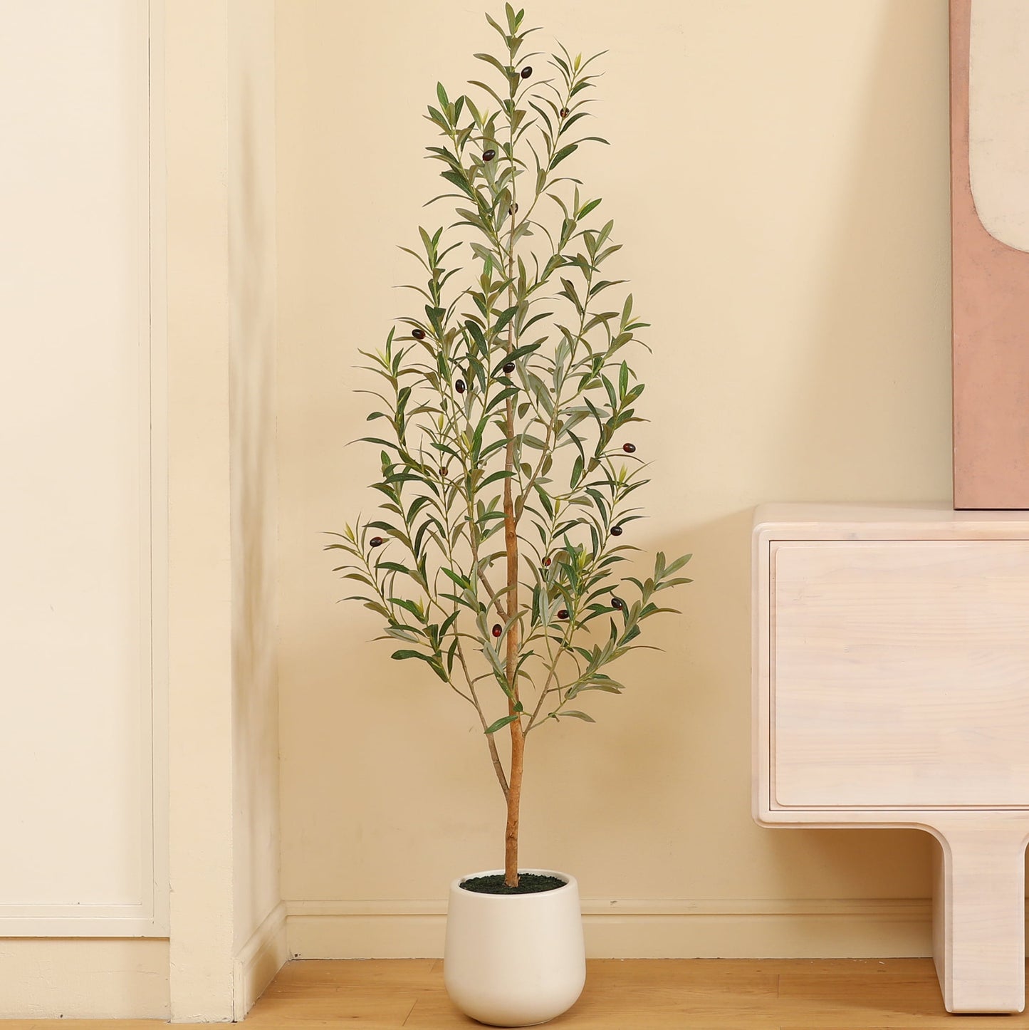5ft Artificial Olive Tree with 9 inch White Planter, Tall Fake Olive Trees with Natural Wood Trunk and Lifelike Fruits, Faux Olive Silk Tree for Home Decor and Gift
