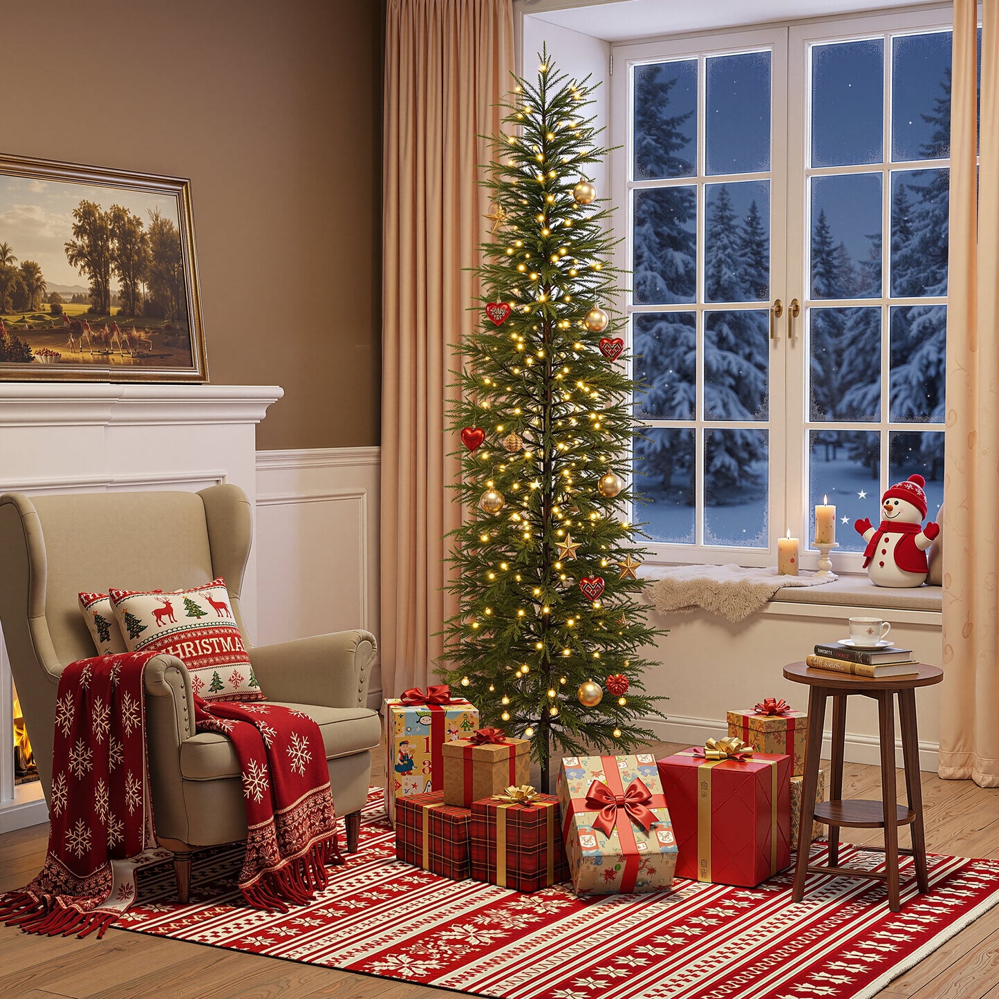 DR.Planzen 7' Pre-Lit Green Cypress Artificial Christmas Tree with 260 Warm White LED Lights, Full-Bodied Xmas Tree with Metal Stand, Large Indoor Holiday Centerpiece