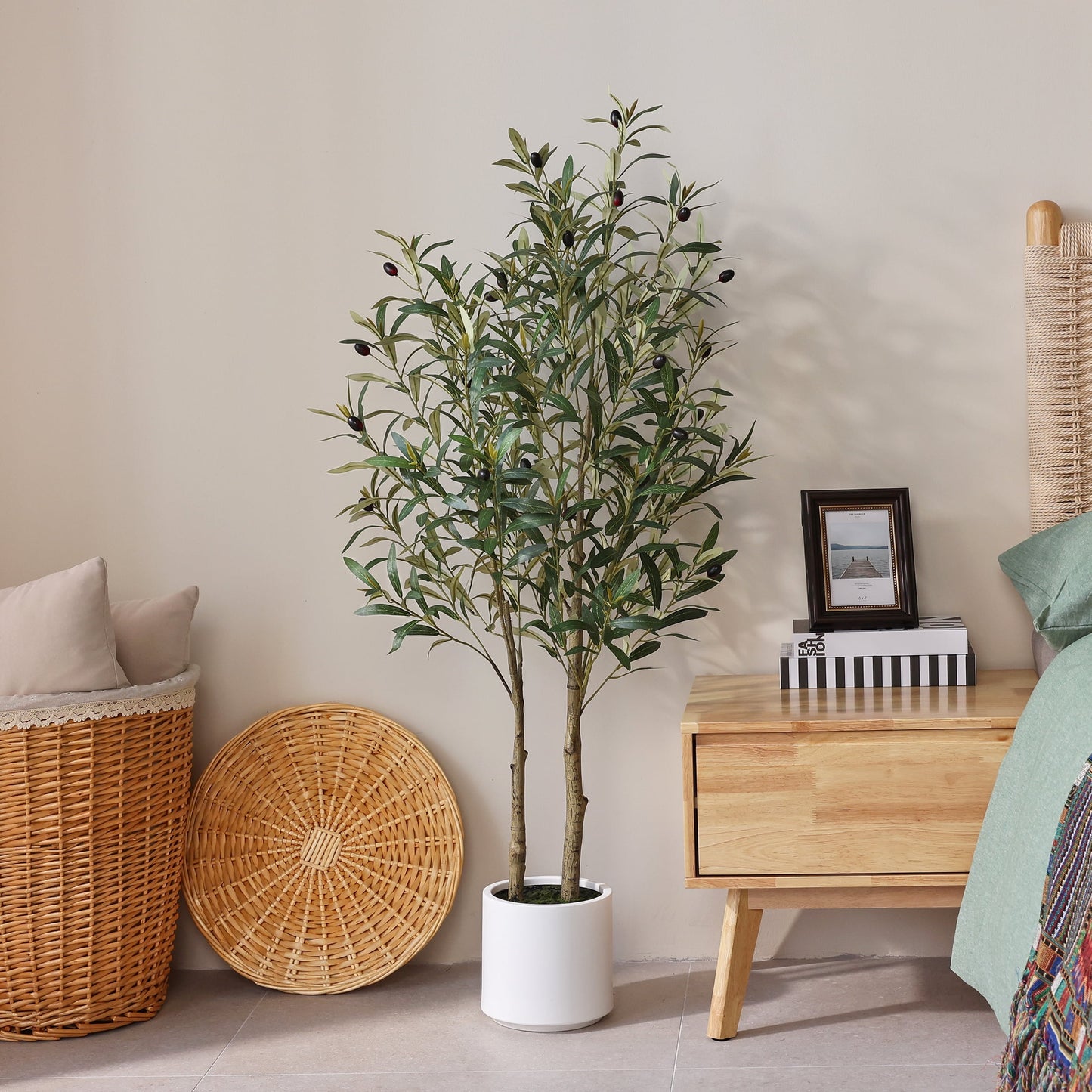DR.Planzen 4.5ft Artificial Olive Tree with White Planter, Tall Faux Olive Tree, Artificial Plants with Lifelike Fruits for Home Office Decor