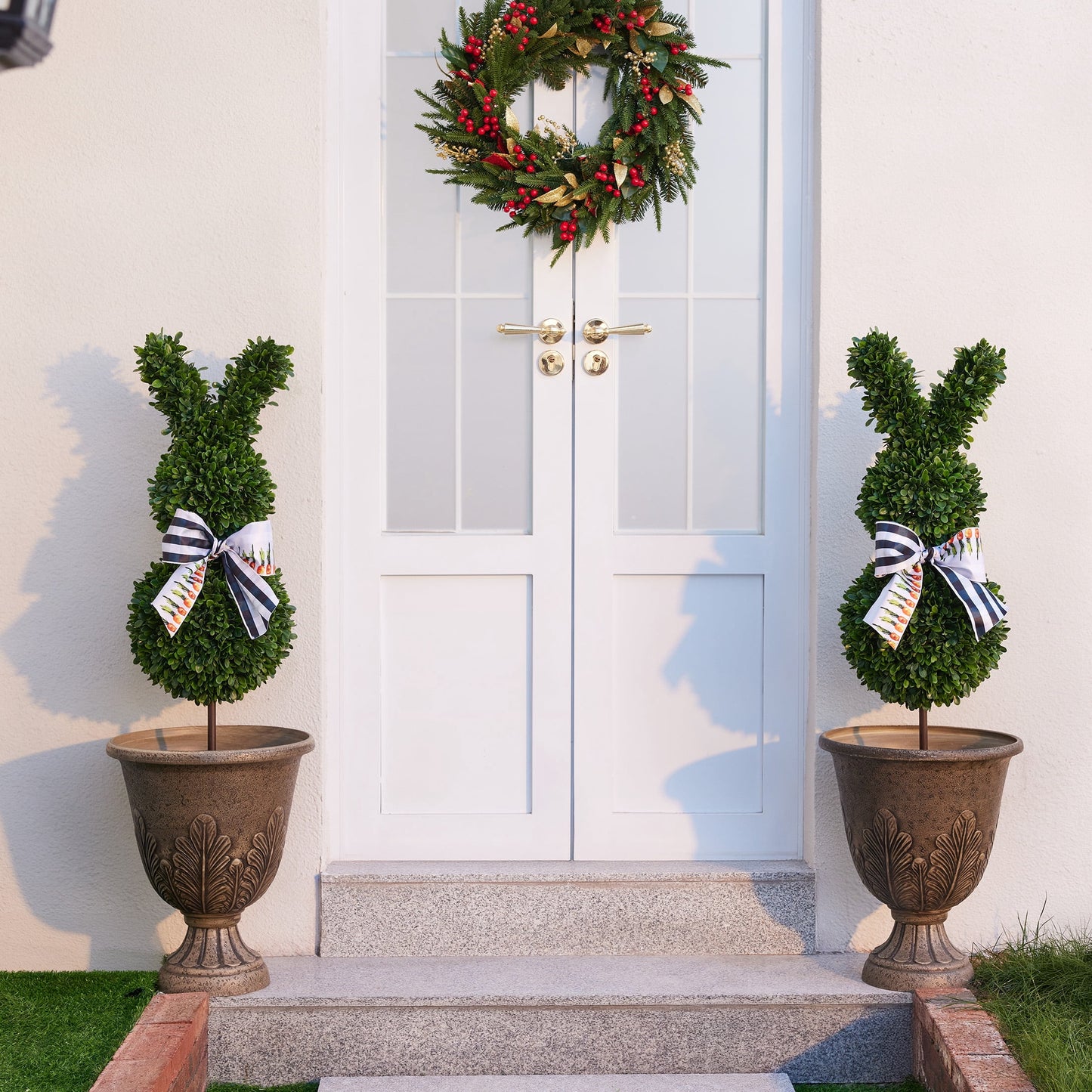 DR.Planzen 2 Pack 36-inch Artificial Boxwood Easter Bunny Topiary in Weighted Black Pot, UV-Resistant Faux Plant for Indoor Outdoor Spring Decor