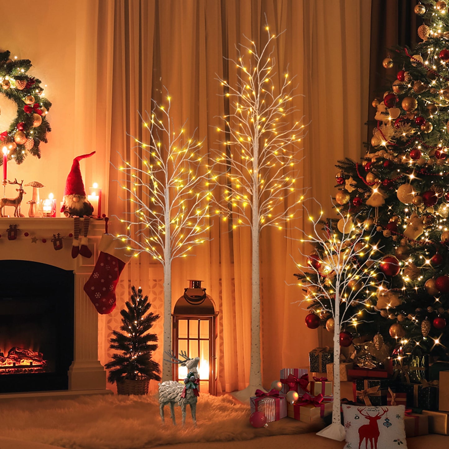 LED Birch Tree Light Set - 4ft, 6ft, 8ft Artificial Pre-lit Trees - with Plug-in Warm Lights - Indoor Outdoor Christmas Holiday Wedding Decor for Home Party (3-Pack)