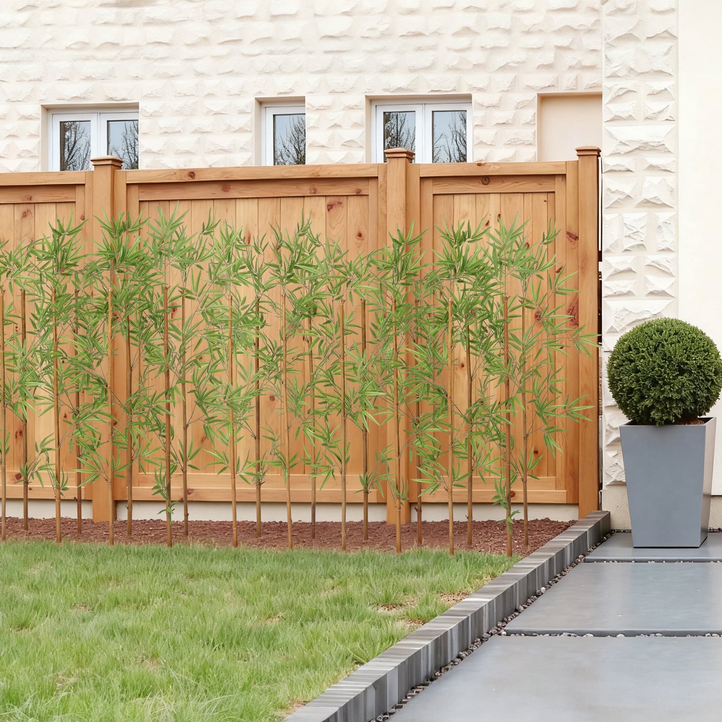 24 Pack 5FT Artificial Bamboo Privacy Screen - Faux Bamboo Plant Outdoor with Real Bamboo Poles, UV Resistant Dense Leaves Tall Fake Bamboo Fence Cover for Patio Backyard Balcony Wall Decor