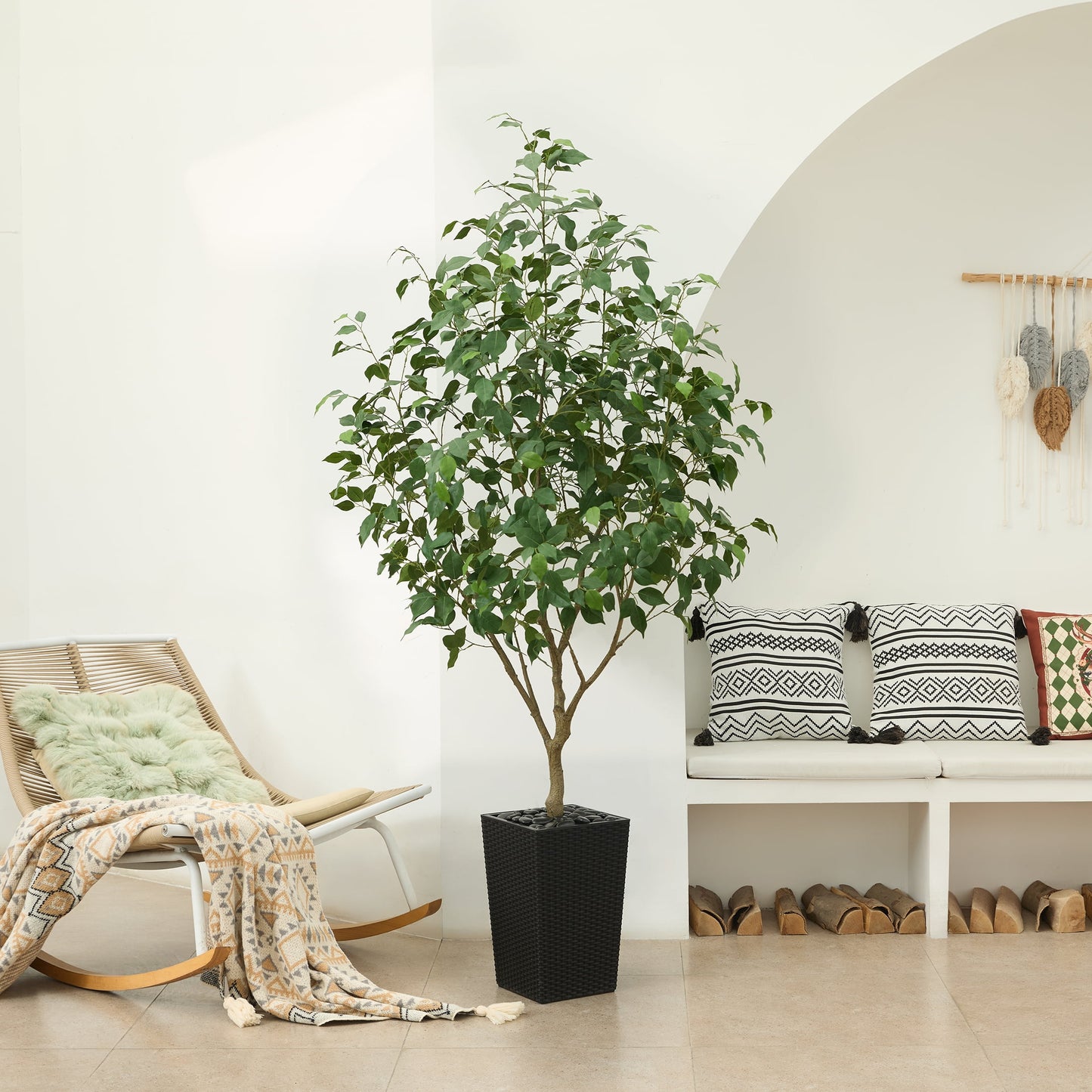 DR.Planzen Artificial Ficus Tree 6ft - UV Protected Faux Ficus Plant with Adjustable Branches and Realistic Green Leaves for Indoor & Outdoor Decor, Black Large Planter with River Rocks