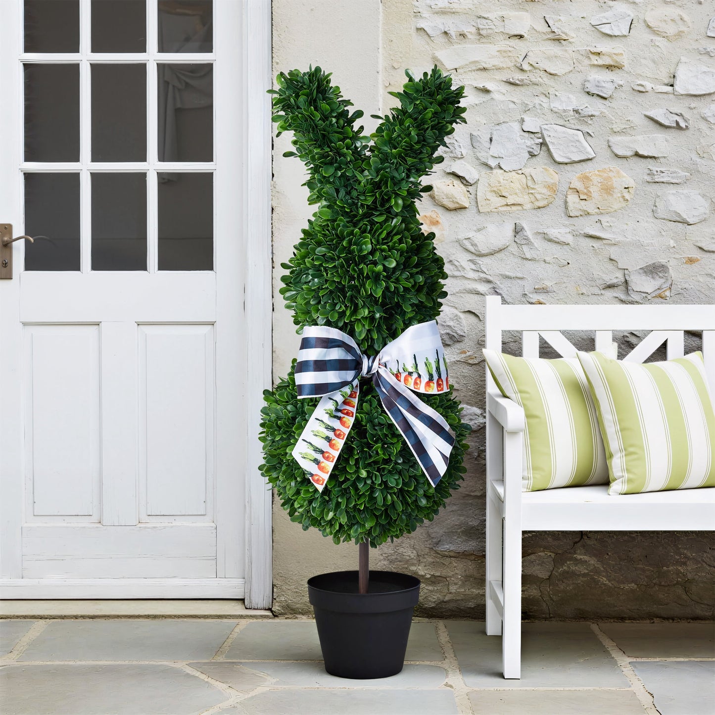 DR.Planzen 2 Pack 36-inch Artificial Boxwood Easter Bunny Topiary in Weighted Black Pot, UV-Resistant Faux Plant for Indoor Outdoor Spring Decor