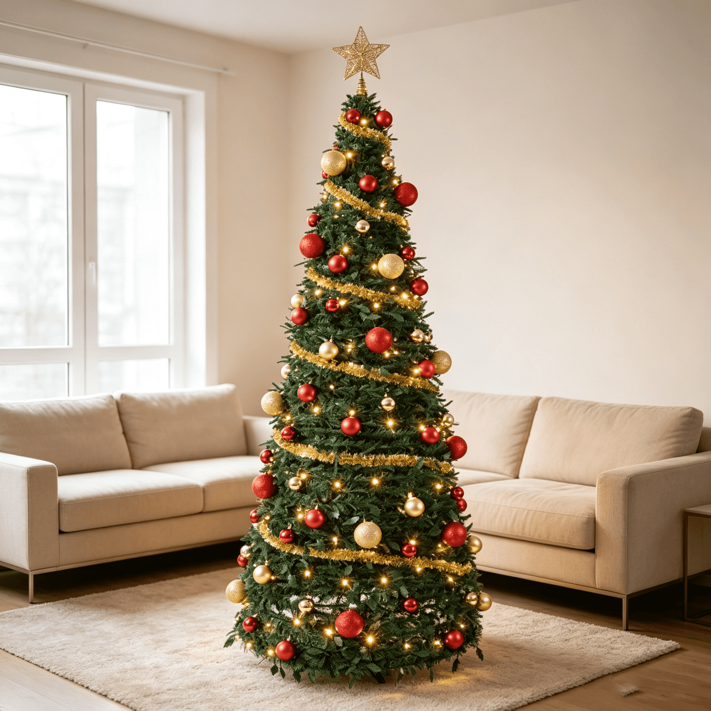 DR.Planzen 7ft Pop Up Christmas Tree with Red Ribbon, Pre-Decorated Artificial Xmas Tree with LED Lights, Foldable Collapsible with Plastic Base, Easy Assembly Holiday Decor