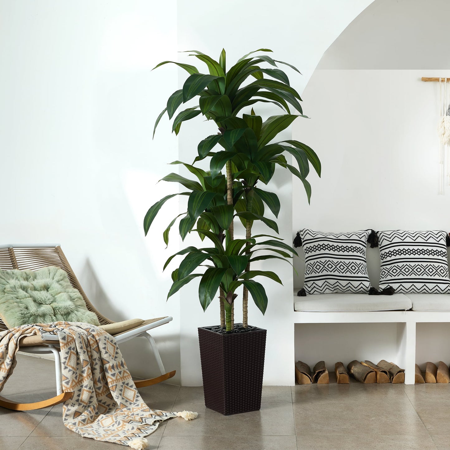 DR.Planzen Artificial Dracaena Tree 6ft - UV Protected Faux Dracaena Plant with 76 Green Leaves, Fake Tree for Indoor & Outdoor Use, Sturdy Tall Black Planter with River Stones