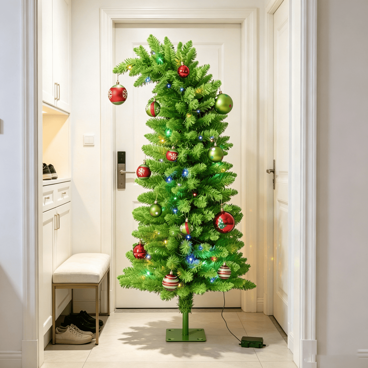 DR.Planzen 5ft Pencil Artificial Christmas Tree with Red & Green Ornaments, Pre-Decorated Slim Xmas Tree, Indoor Floor Holiday Decor, 1 Pack