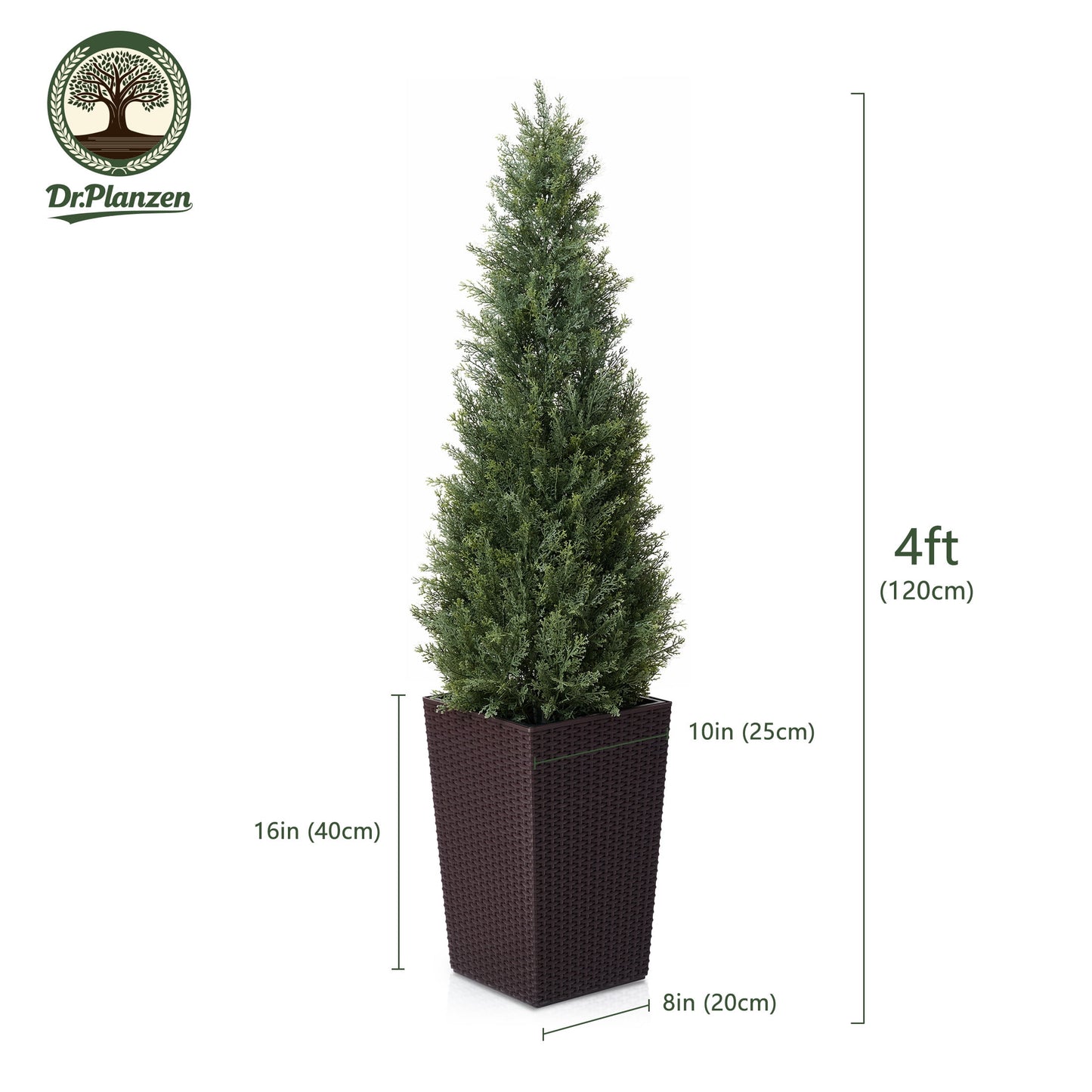 DR.Planzen 4ft Artificial Cedar Topiary Tree with Brown Planter - UV Resistant Faux Cypress Tree for Porch Decor Fake Pine Tree for Perfect Housewarming Gift