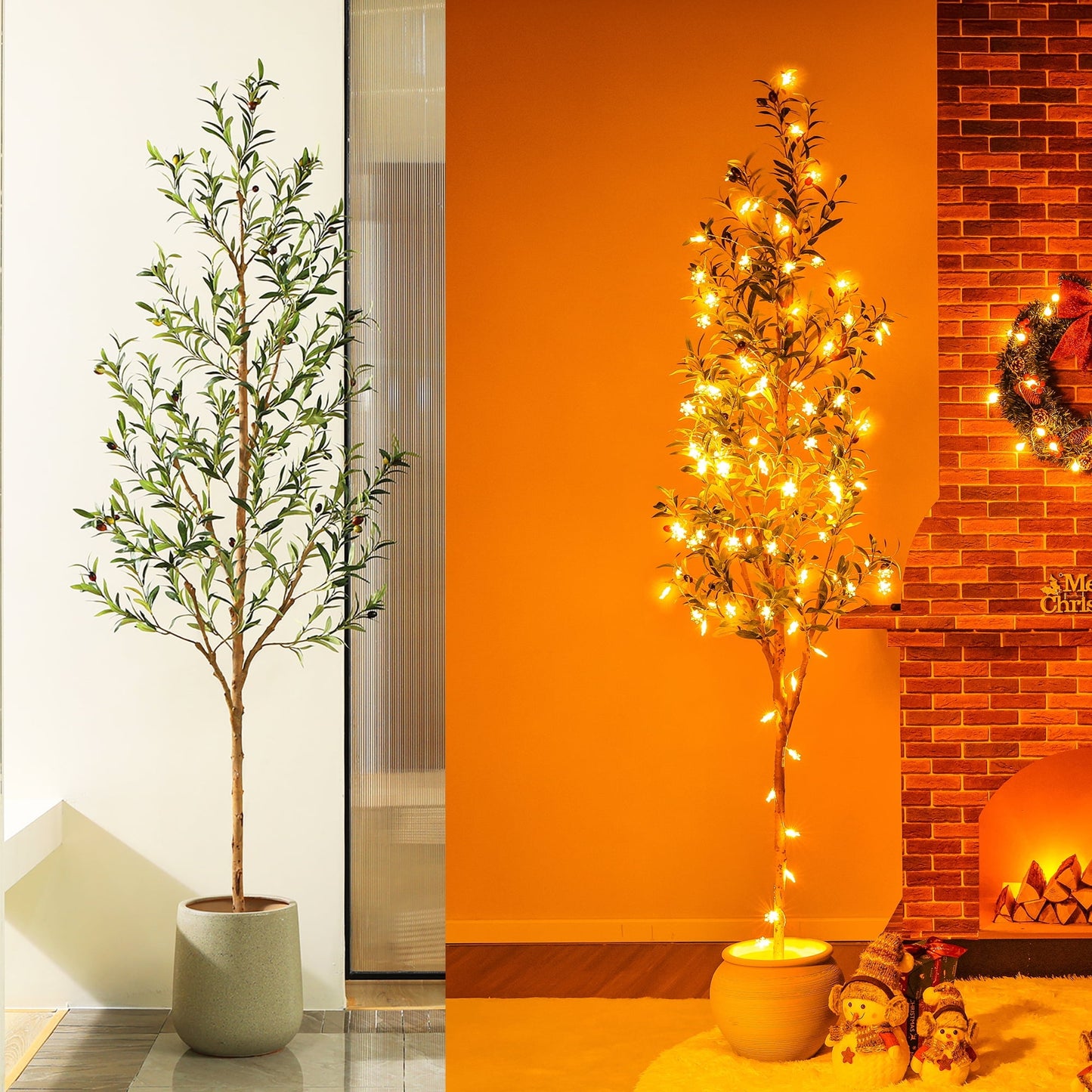 DR.Planzen 2 Pack 7ft Artificial Olive Tree Indoor, Tall Faux Olive Tree, Artificial Plants with Natural Wood Trunk and Lifelike Fruits for Home Office Decor