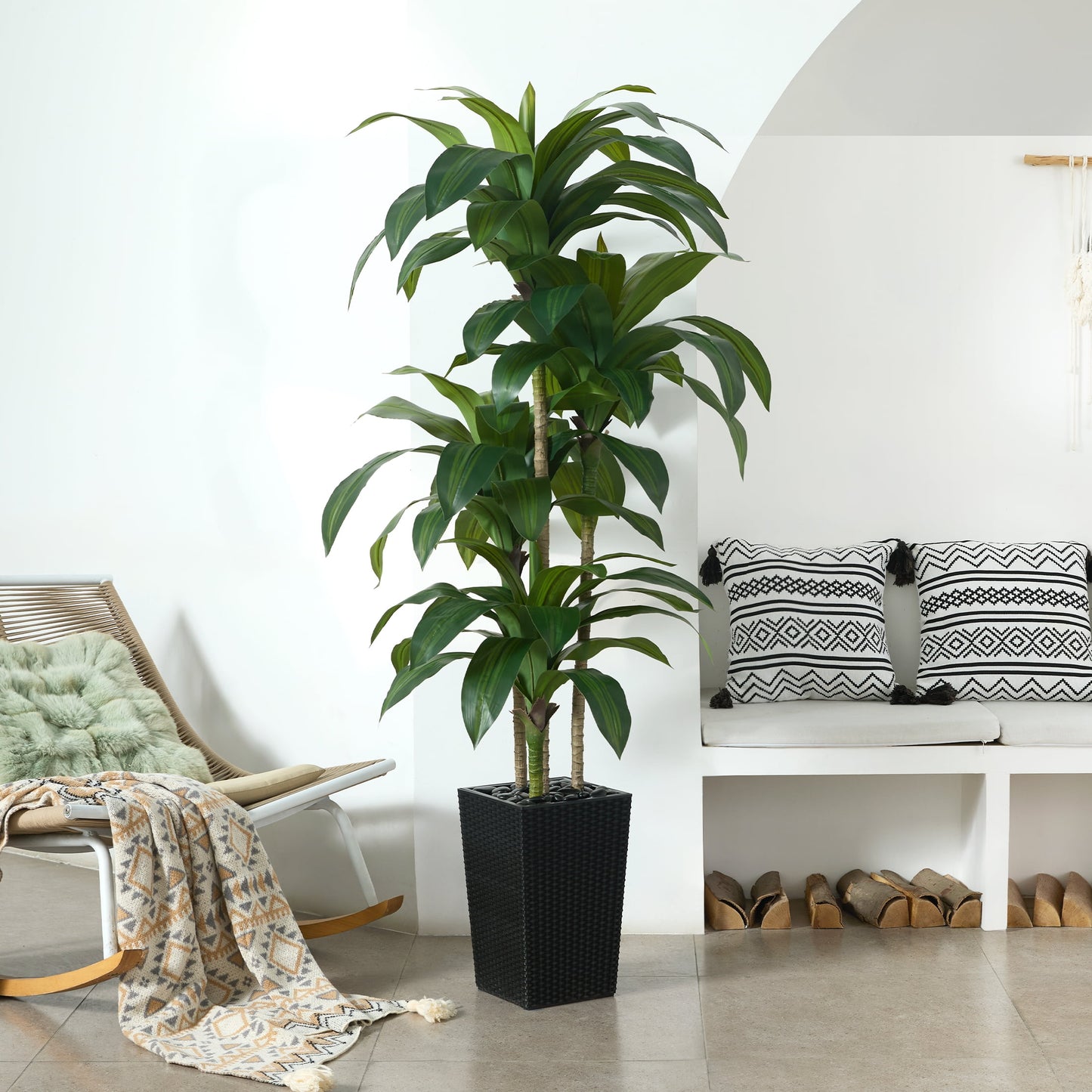 DR.Planzen Artificial Dracaena Tree 6ft - UV Protected Faux Dracaena Plant with 76 Green Leaves, Fake Tree for Indoor & Outdoor Use, Sturdy Tall White Planter with River Stones