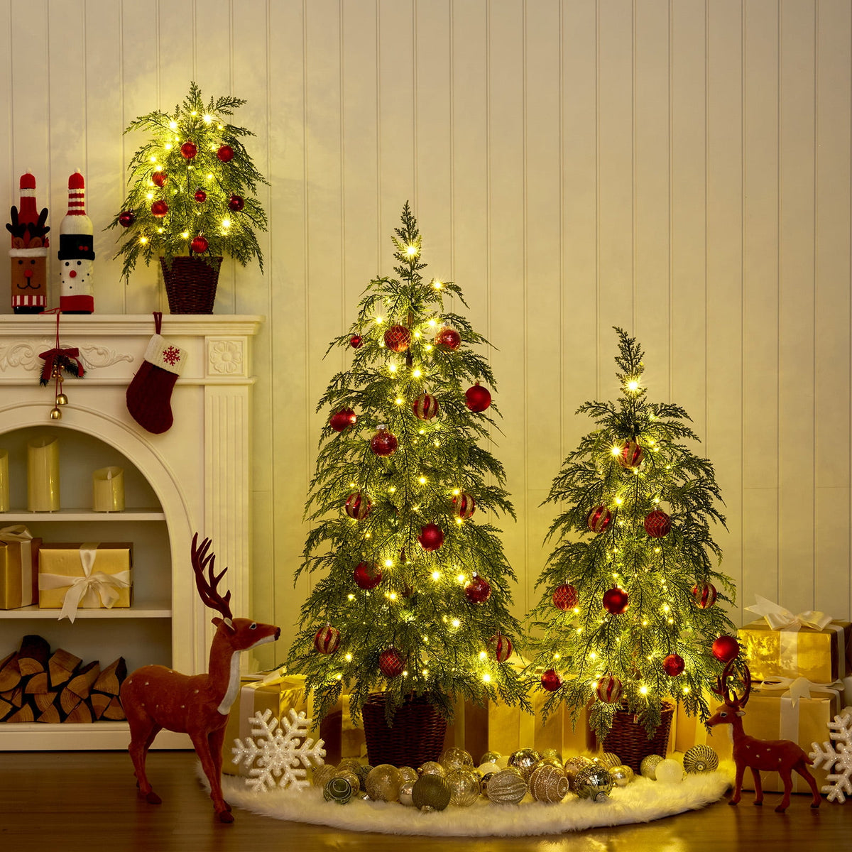 DR.Planzen 24/36/48 Inch Pre-Lit Cypress Topiary Set, 3 Pack Artificial Xmas Trees with Woven Baskets & Breathing LEDs, Indoor Home Decor