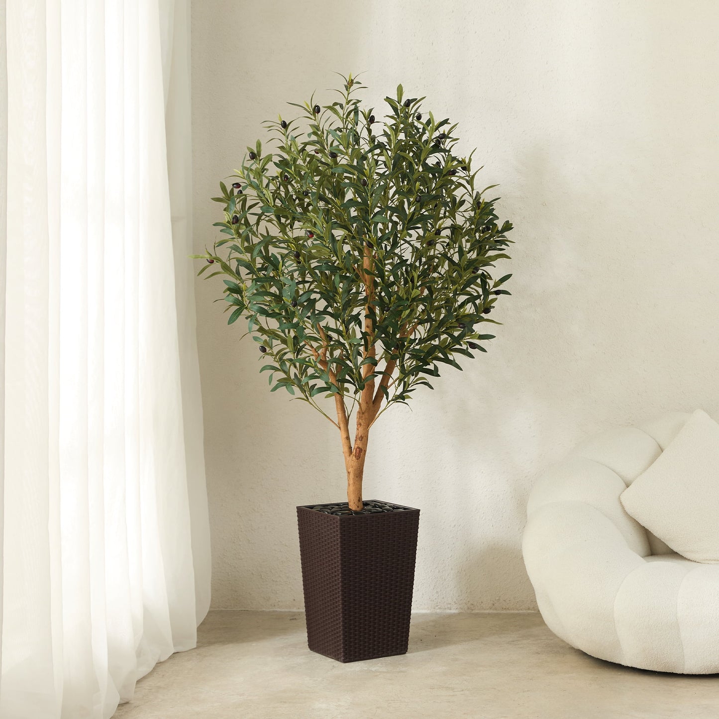 DR.Planzen UV Resistant 5ft Artificial Olive Tree with Natural Wood Branches and Realistic Silk Leaves,Faux Olive Tree for Indoor and Outdoor Decor - Brown Large Planter with Pebbles