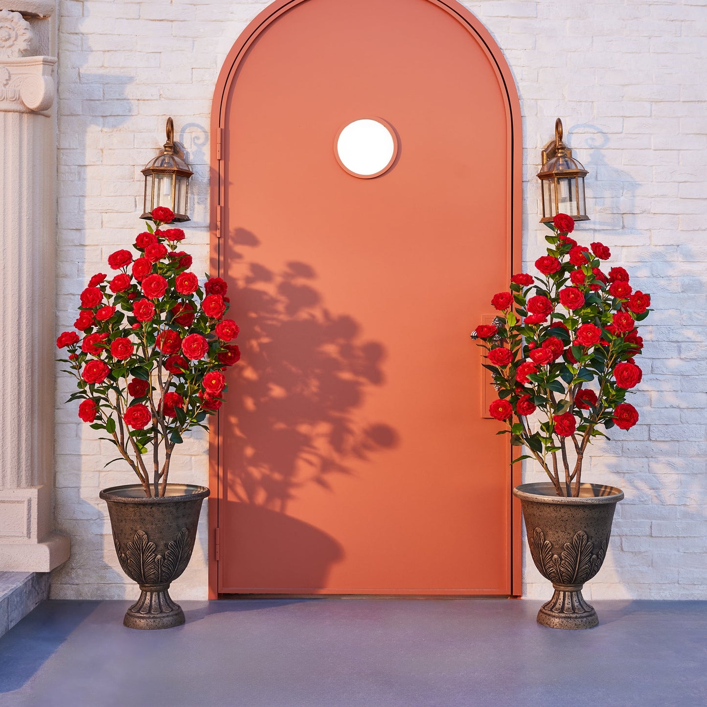 2 Pack Artificial Camellia Tree 4FT Tall Faux Camellia Plant UV Resistant Fake Flowering Tree Potted ¨C 48 Blooming Red Flowers & 348 Silk Leaves, Artificial Plant Indoor Outdoor Decor for Living Room