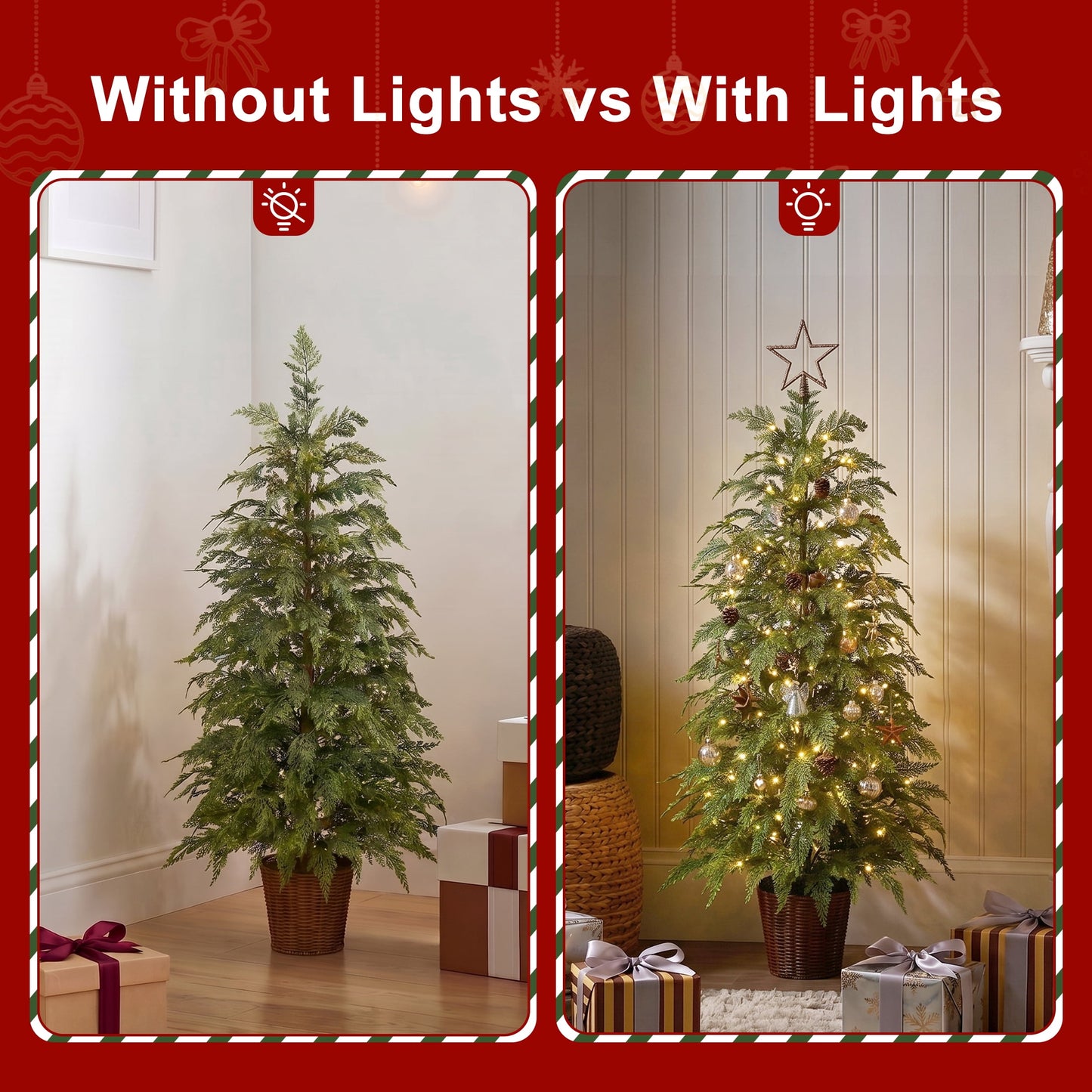 DR.Planzen 4' Pre-Lit Green Cypress Artificial Christmas Potted Tree with 100 Warm White Twinkle LED Lights, Indoor Tabletop Holiday Decoration in Woven Basket Base