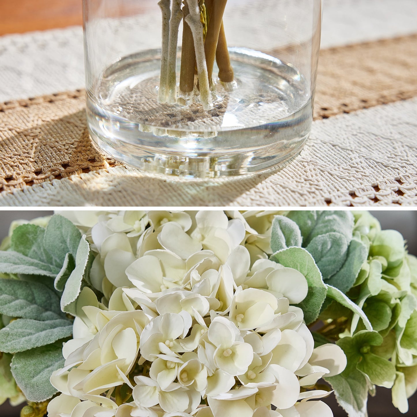 DR.Planzen Artificial Hydrangea Arrangement in Glass Vase, 8 Branches with White Flowers & Green Fruit, 12" Low-Maintenance Floral Centerpiece for Tabletop Home Office Decor