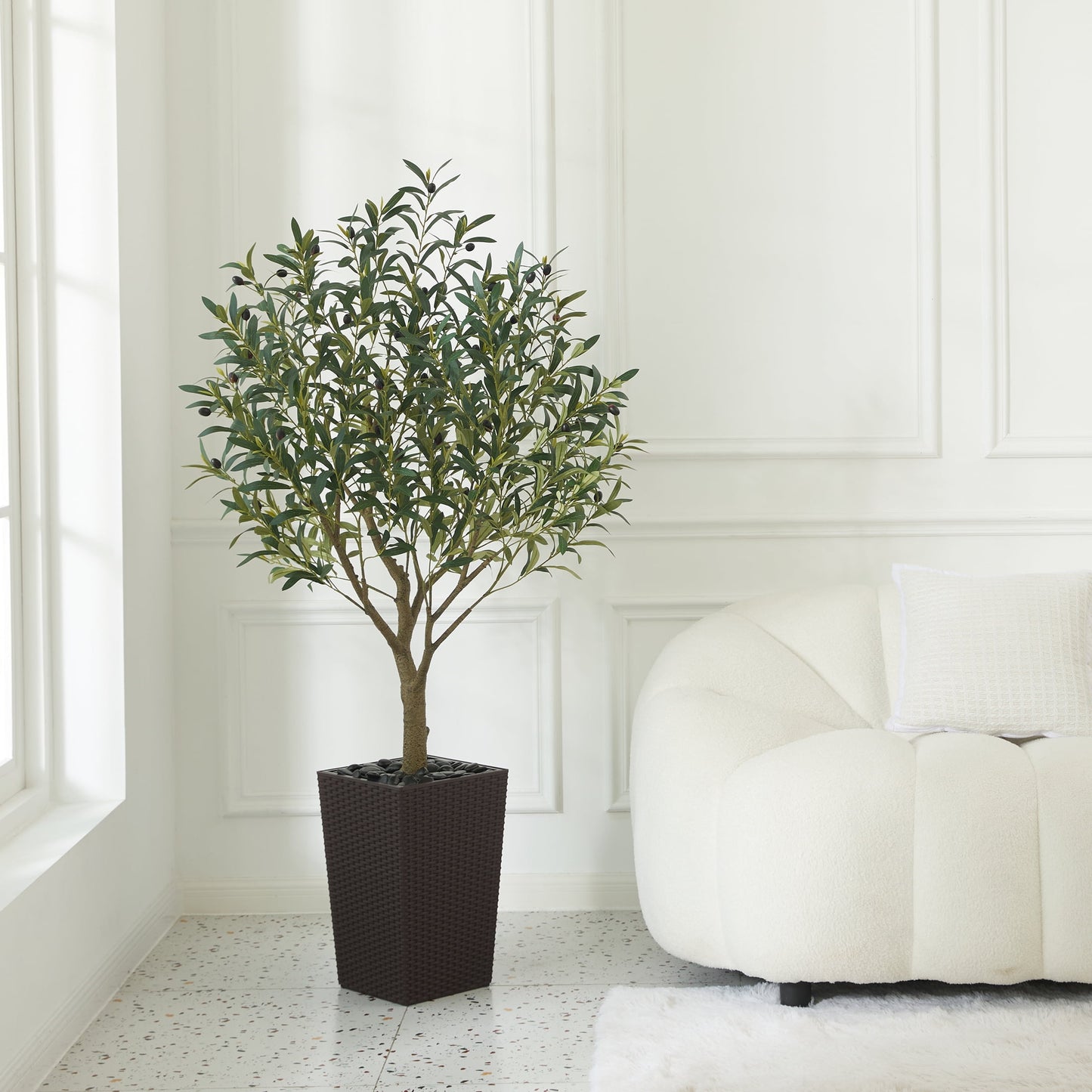 DR.Planzen UV Resistant 5ft Artificial Olive Tree in Brown Large Planter with Pebbles¨C Faux Olive Tree for Indoor and Outdoor Decor, Lifelike Greenery for Home & Garden Decor