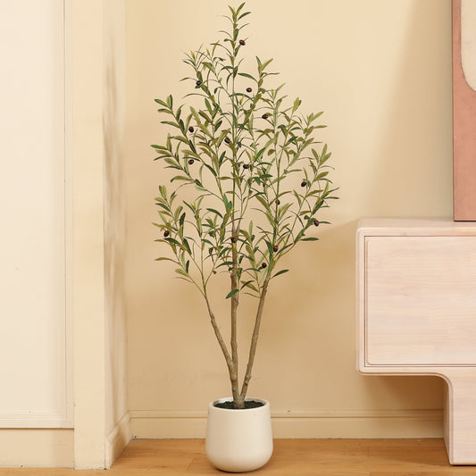 5ft Fake Plastic Olive Tree with Oval White Planter, Pre Potted Faux Greenry Plant for Home Decor Office House Living Room Indoor Outdoor, Big Fake Plants Fake House Plants