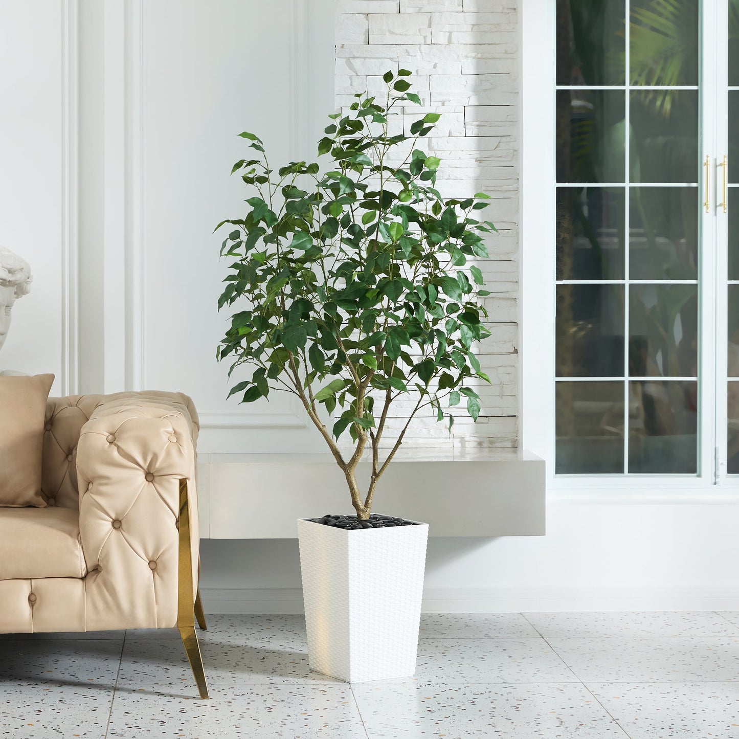 DR.Planzen Artificial Ficus Tree 5ft - UV Protected Faux Ficus Plant with Adjustable Branches and Realistic Green Leaves for Indoor & Outdoor Decor, White Large Planter with River Rocks