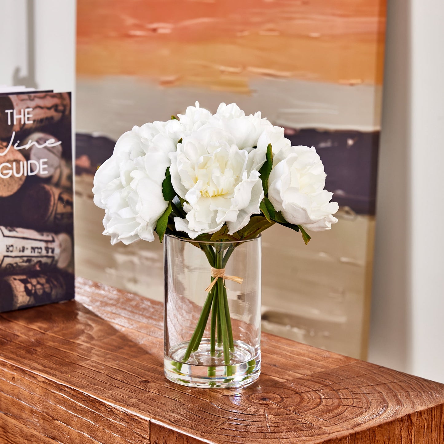 DR.Planzen Artificial White Peony Bouquet in Cylinder Vase with Faux Water, 6 Stems with 6 Realistic White Peony Blooms, 10.6" Tall Ready-to-Use Home Office Centerpiece Decor