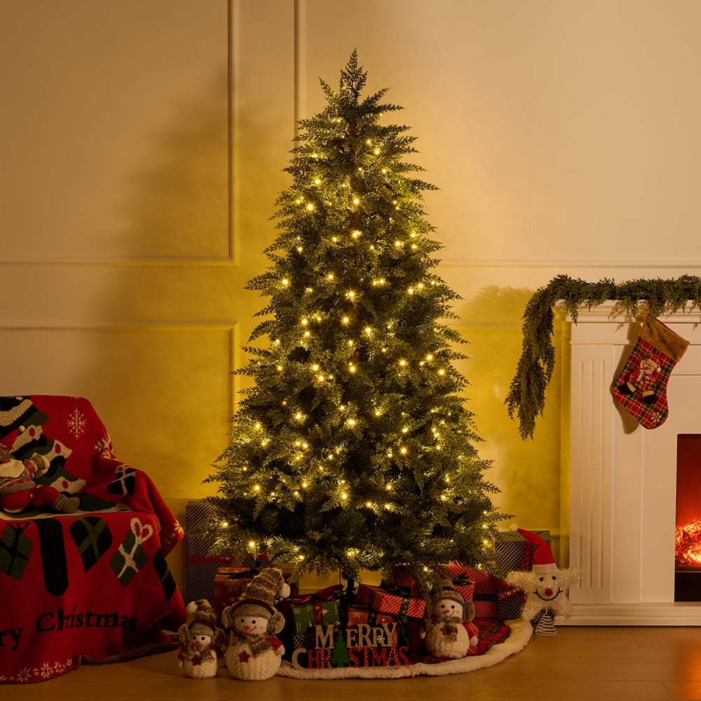 DR.Planzen 7.5FT Pre Lit Cedar Christmas Tree - Realistic PE PVC Branches, 500 Warm White LED Lights, Artificial Christmas Tree with Sturdy Iron Stand for Living Room Holiday Decor