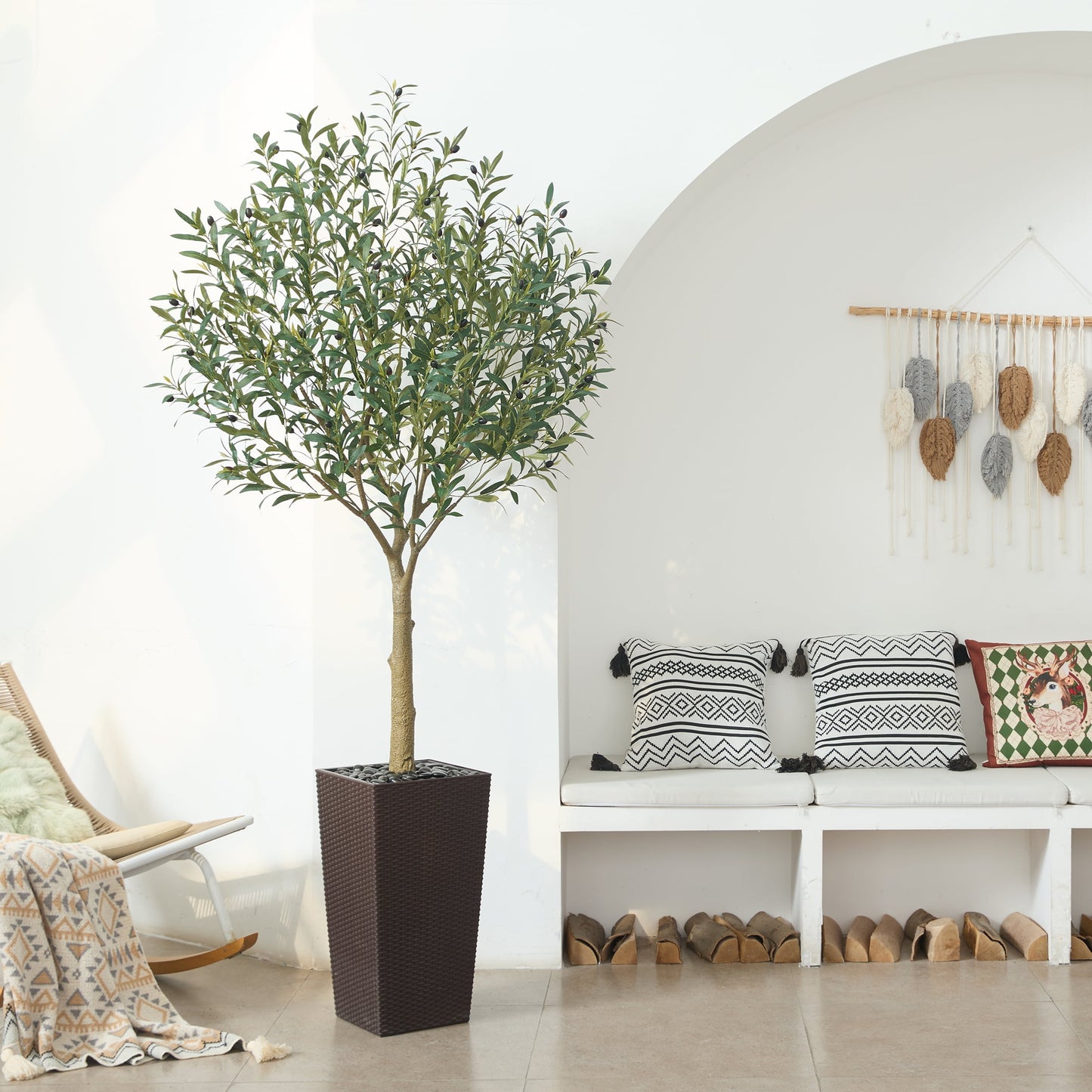 DR.Planzen UV Resistant 7ft Artificial Olive Tree in Brown Large Planter with Pebbles¨C Faux Olive Tree for Indoor and Outdoor Decor, Lifelike Greenery for Home & Garden Decor