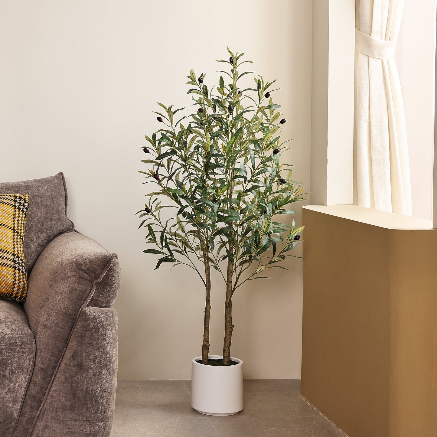DR.Planzen 4.5ft Artificial Olive Tree with White Planter, Tall Faux Olive Tree, Artificial Plants with Lifelike Fruits for Home Office Decor