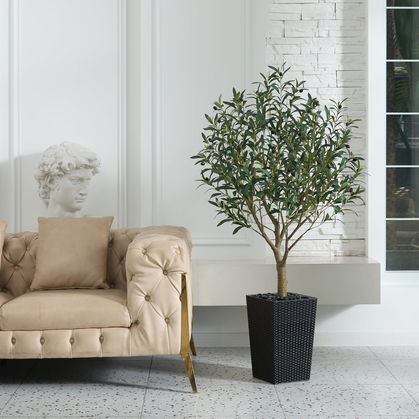 DR.Planzen UV Resistant 5ft Artificial Olive Tree in Black Large Planter with Pebbles¨C Faux Olive Tree for Indoor and Outdoor Decor, Lifelike Greenery for Home & Garden Decor