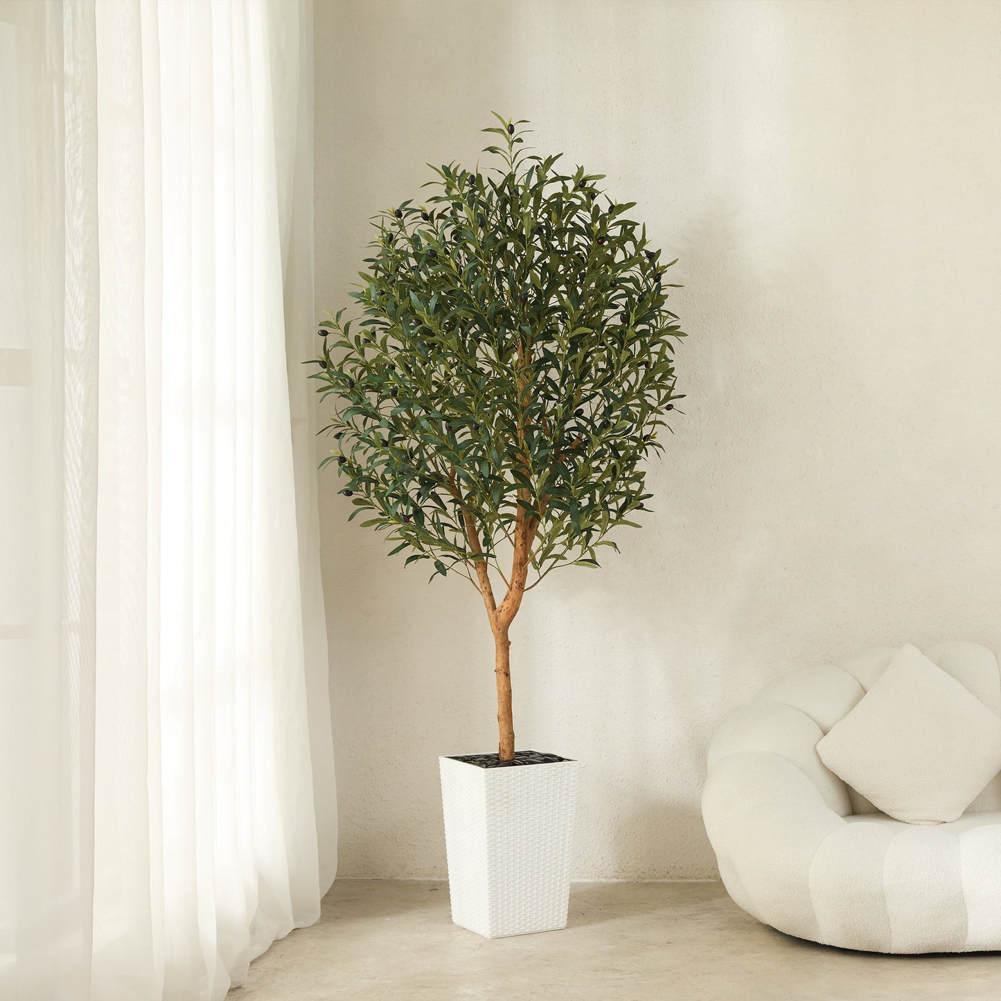 DR.Planzen UV Resistant 6ft Artificial Olive Tree with Natural Wood Branches and Realistic Silk Leaves,Faux Olive Tree for Indoor and Outdoor Decor - White Large Planter with Pebbles
