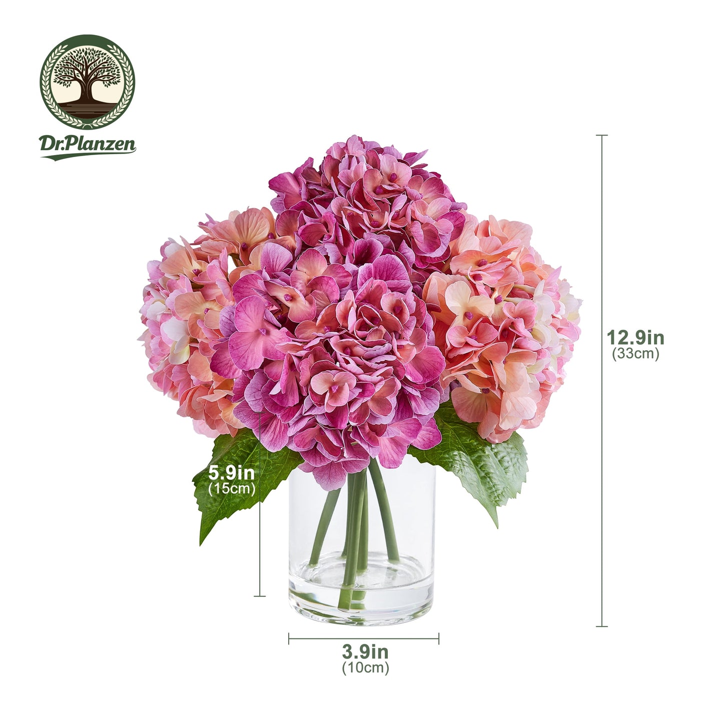 DR.Planzen 13in Artificial Hydrangea Flowers with Vase - Red and Pink Faux Hydrangea Flowers, Clear Glass Vase with Faux Water, Table Centerpiece for Home Decor, Office, Wedding Party