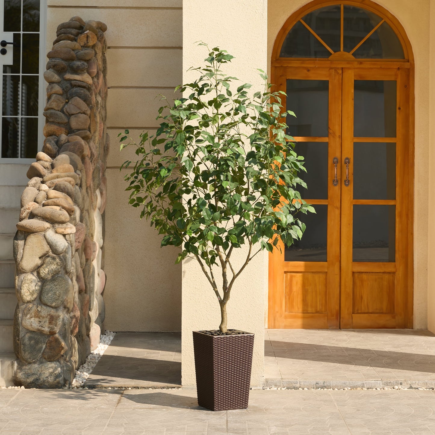 DR.Planzen Artificial Ficus Tree 6ft - UV Protected Faux Ficus Plant with Adjustable Branches and Realistic Green Leaves for Indoor & Outdoor Decor, Brown Large Planter with River Rocks