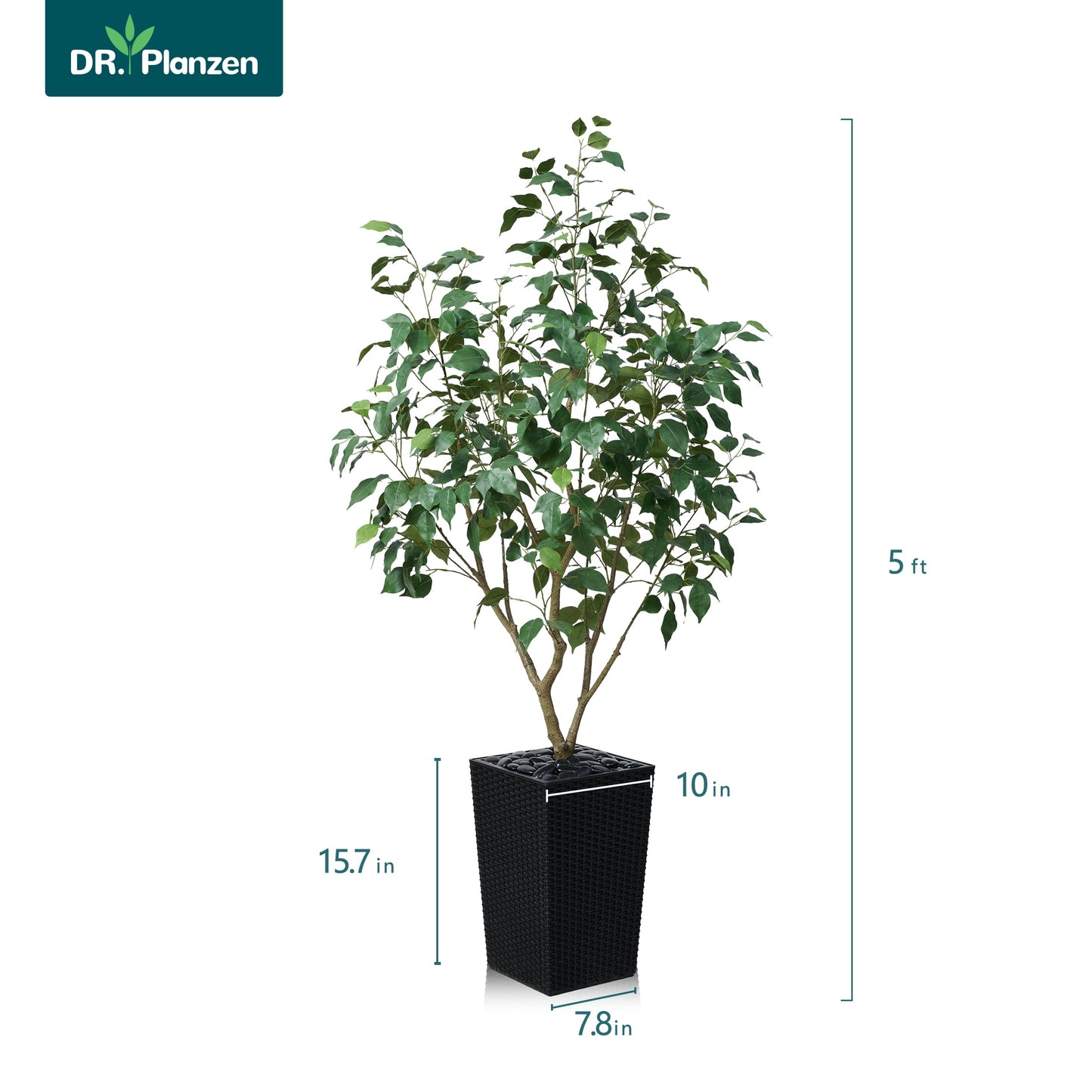 DR.Planzen Artificial Ficus Tree 5ft - UV Protected Faux Ficus Plant with Adjustable Branches and Realistic Green Leaves for Indoor & Outdoor Decor, Black Large Planter with River Rocks