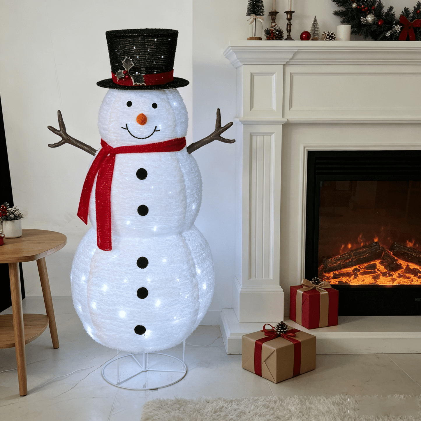 DR.Planzen 3.5FT Pre-Lit Christmas Snowman Decoration, Lighted Fabric Snowman with Top Hat & Red Scarf, Indoor & Outdoor Holiday Home Decor