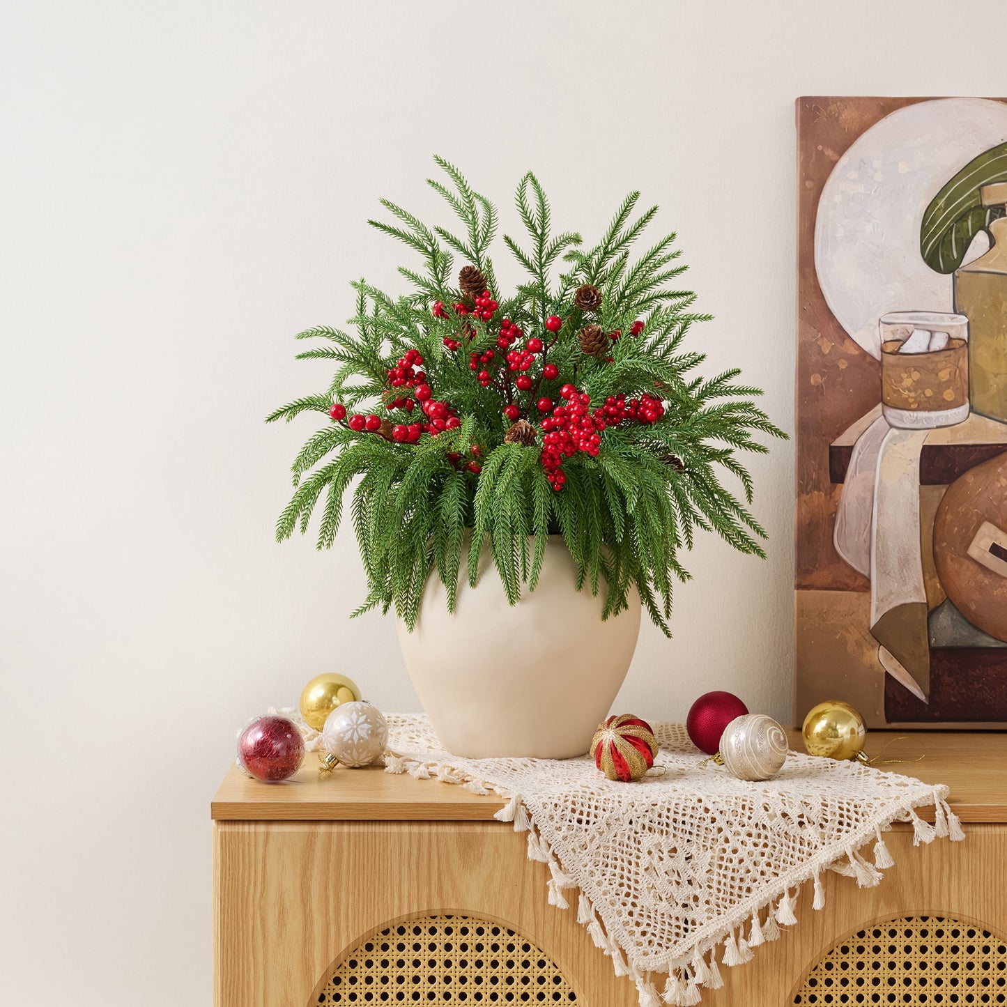 DR.Planzen 22" Red Berry & Pinecone Artificial Christmas Plant in Decorative Pot, Realistic Norfolk Pine Centerpiece with 300 PE Leaves, Indoor Holiday Tabletop Decor