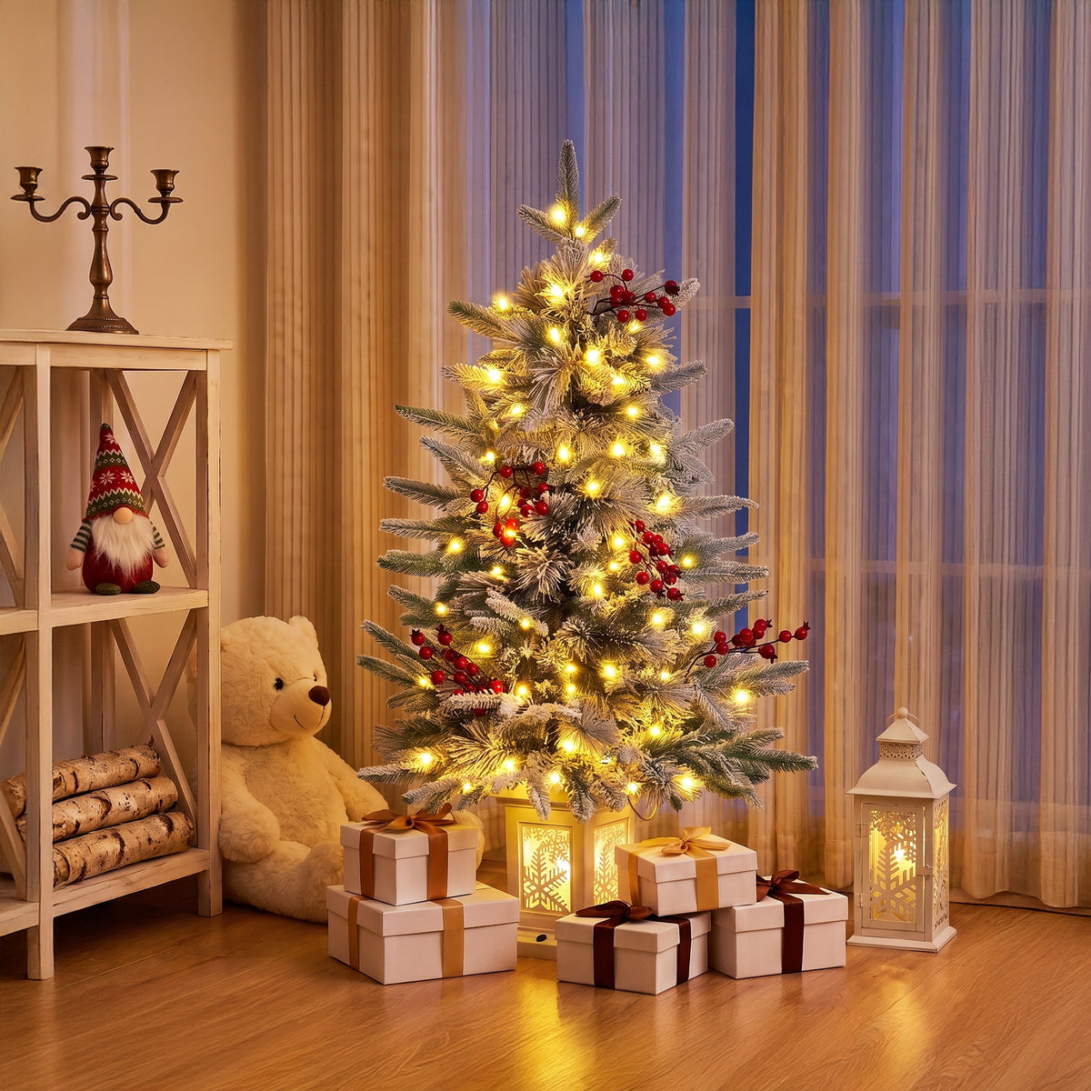 DR.Planzen 2-Pack 3FT Pre-Lit Artificial Christmas Trees, Warm White Lights, Red Berries and White Bases, Indoor Holiday Decorations