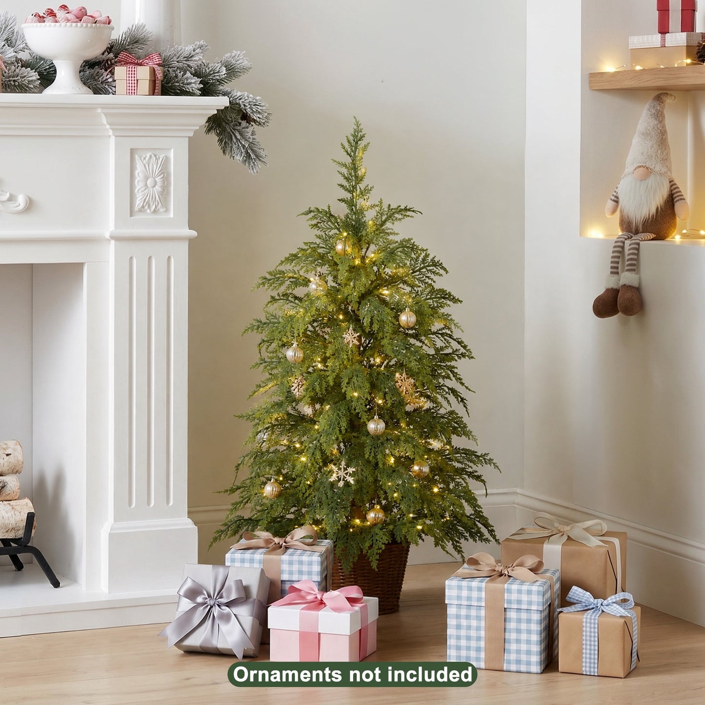 DR.Planzen 36" Pre-Lit Green Cypress Artificial Christmas Tree with 70 Warm White Twinkle LED Lights, Mini Tabletop Xmas Tree in Woven Basket Base, Indoor Desktop Holiday Decor