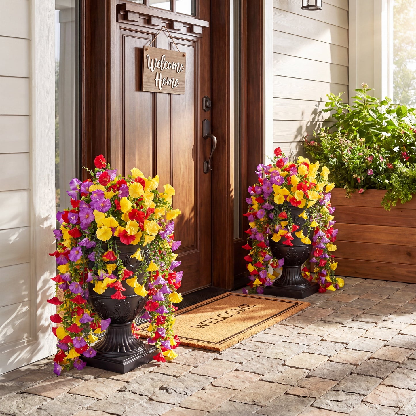 Artificial Hanging Flowers in Black Urn Planter, 26in Faux Morning Glory Flowers, Fake Hanging Plants, Artificial Flowers, Hanging Flowers with 333 Blooms - Front Porch Patio Decor