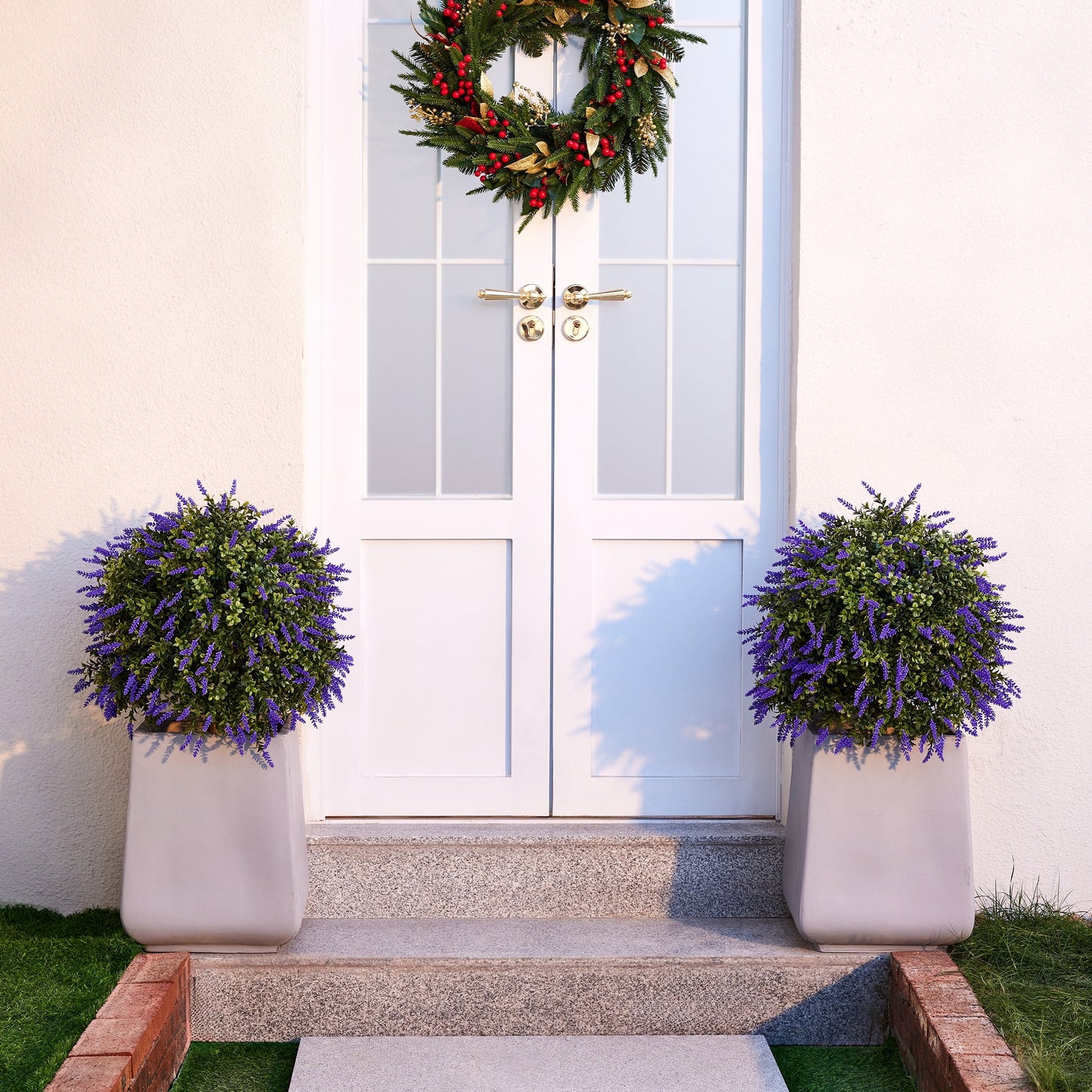 DR.Planzen 2 Pack 20'' Artificial Lavender Boxwood Topiary Ball Plant, Fake Scented Flowering Shrub with Ground Spike, UV Resistant Faux Outdoor Decor for Garden Porch Patio
