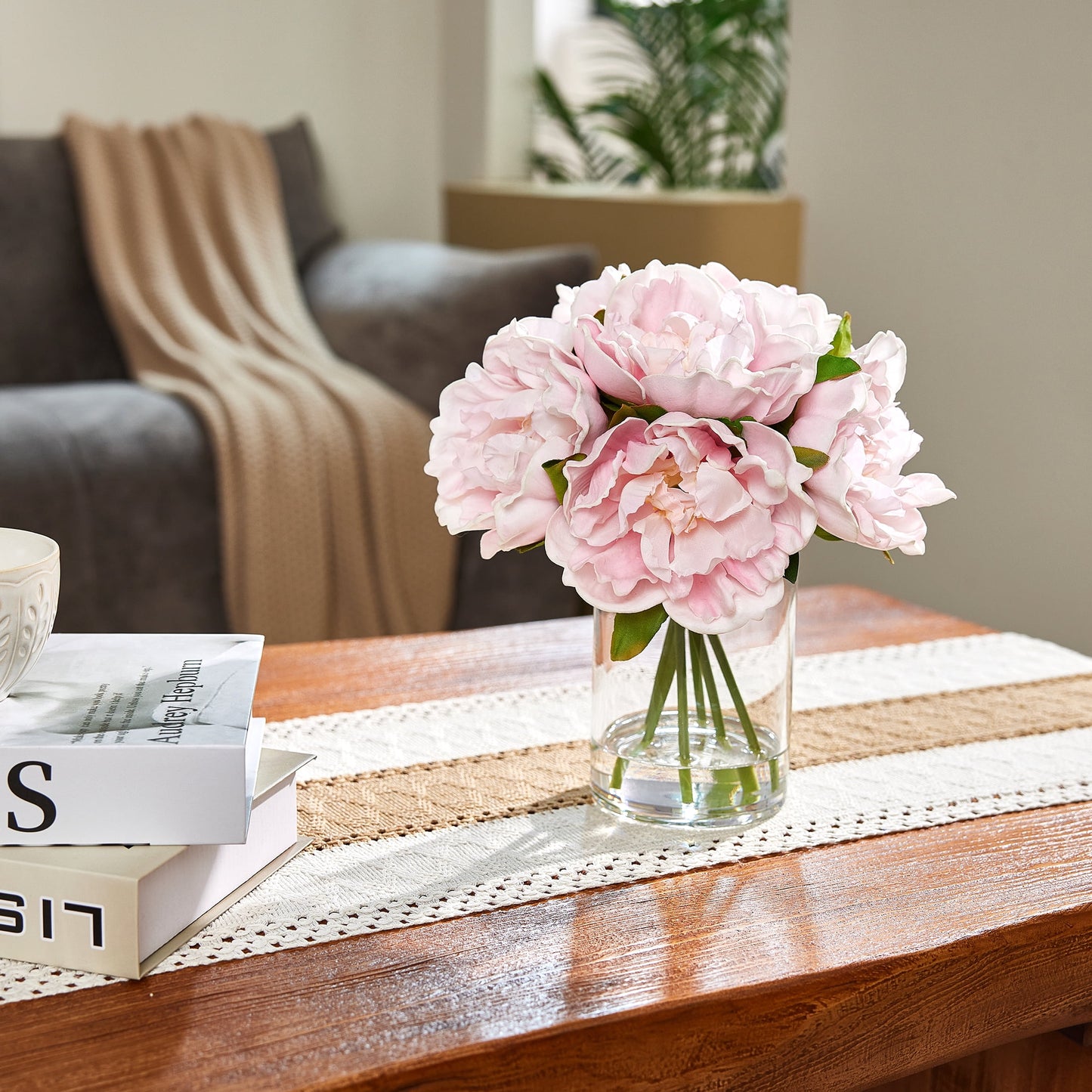 DR.Planzen Artificial Pink Peony Bouquet in Cylinder Vase with Faux Water, 6 Stems with 6 Realistic White Peony Blooms, 10.6" Tall Ready-to-Use Home Office Centerpiece Decor