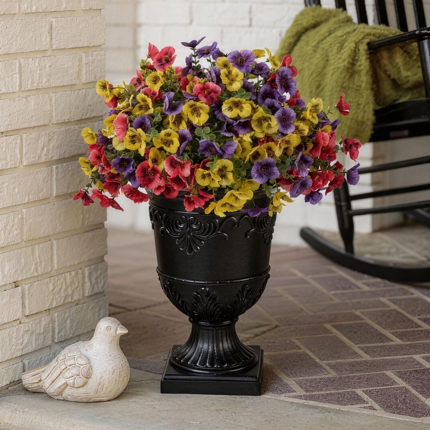 DR.Planzen 2Pack Artificial Pansy in Charming Urn Planter Set, 24.8 Inch Tall Lifelike Faux Flowers, Pre-Potted with Tray for Indoor Home and Patio Decor
