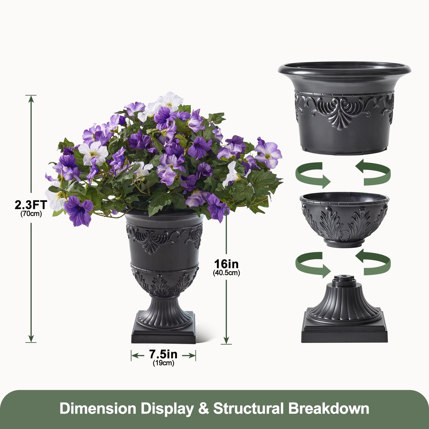 2 Pack 28in Artificial Morning Glory Flowers Faux Flowers Potted Plants Porch Decor - 81 Purple White Blooms in Black Urn Planter - Indoor Covered Porch Decor for Entryway Patio Home Office