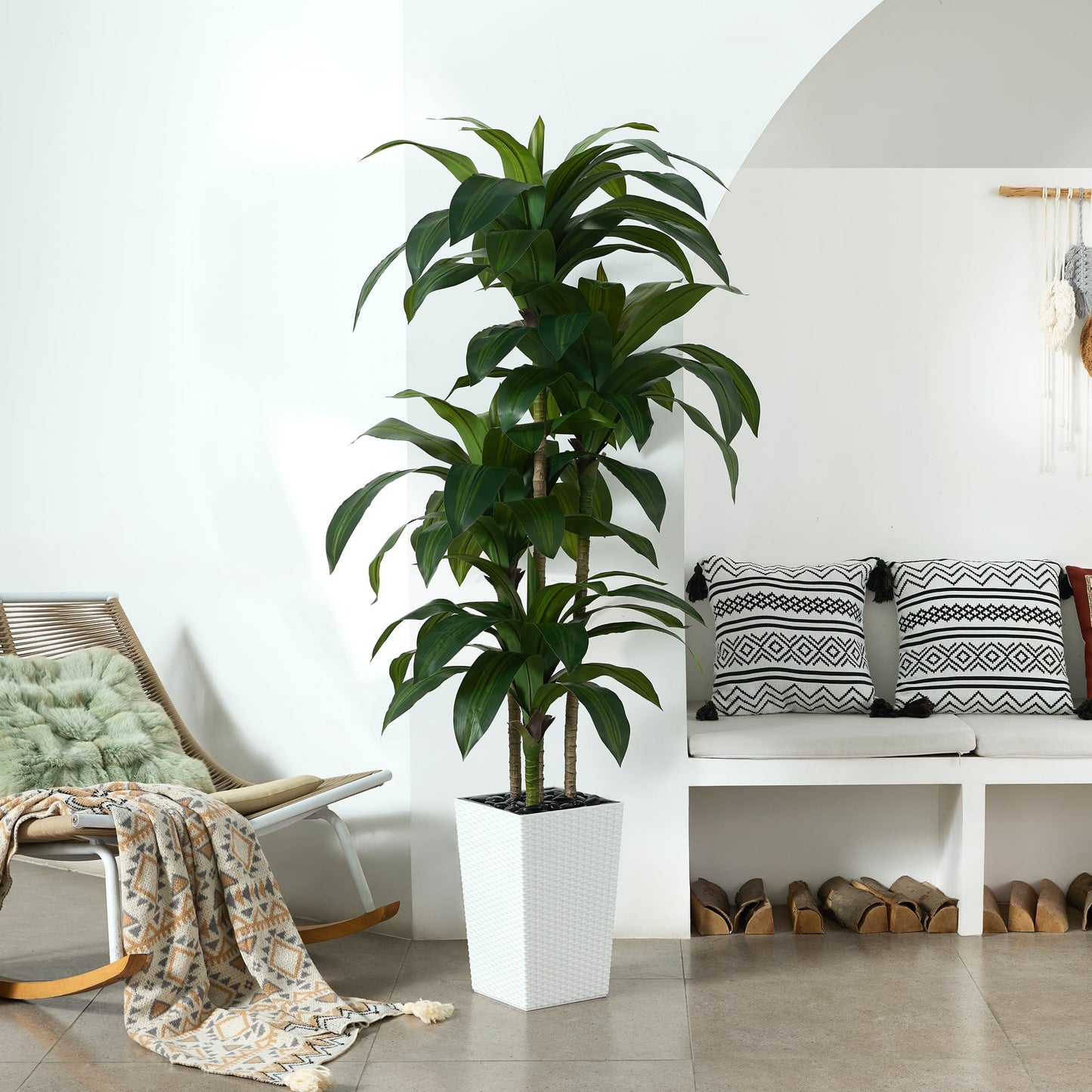 DR.Planzen Artificial Dracaena Tree 6ft - UV Protected Faux Dracaena Plant with 76 Green Leaves, Fake Tree for Indoor & Outdoor Use, Sturdy Tall Brown Planter with River Stones