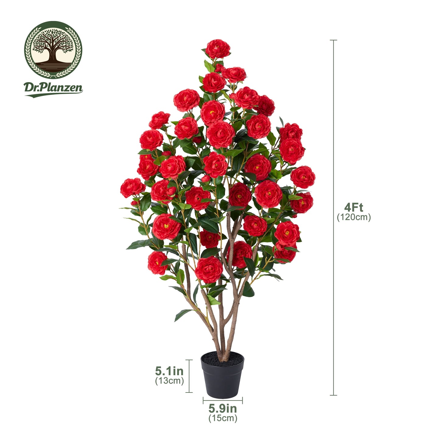 2 Pack Artificial Camellia Tree 4FT Tall Faux Camellia Plant UV Resistant Fake Flowering Tree Potted ¨C 48 Blooming Red Flowers & 348 Silk Leaves, Artificial Plant Indoor Outdoor Decor for Living Room