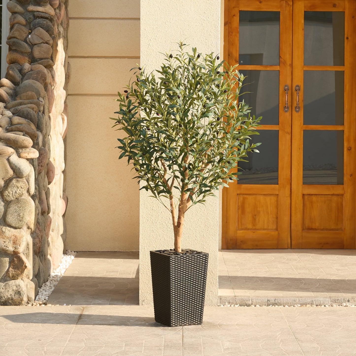 DR.Planzen UV Resistant 5ft Artificial Olive Tree with Natural Wood Branches and Realistic Silk Leaves,Faux Olive Tree for Indoor and Outdoor Decor - Black Large Planter with Pebbles