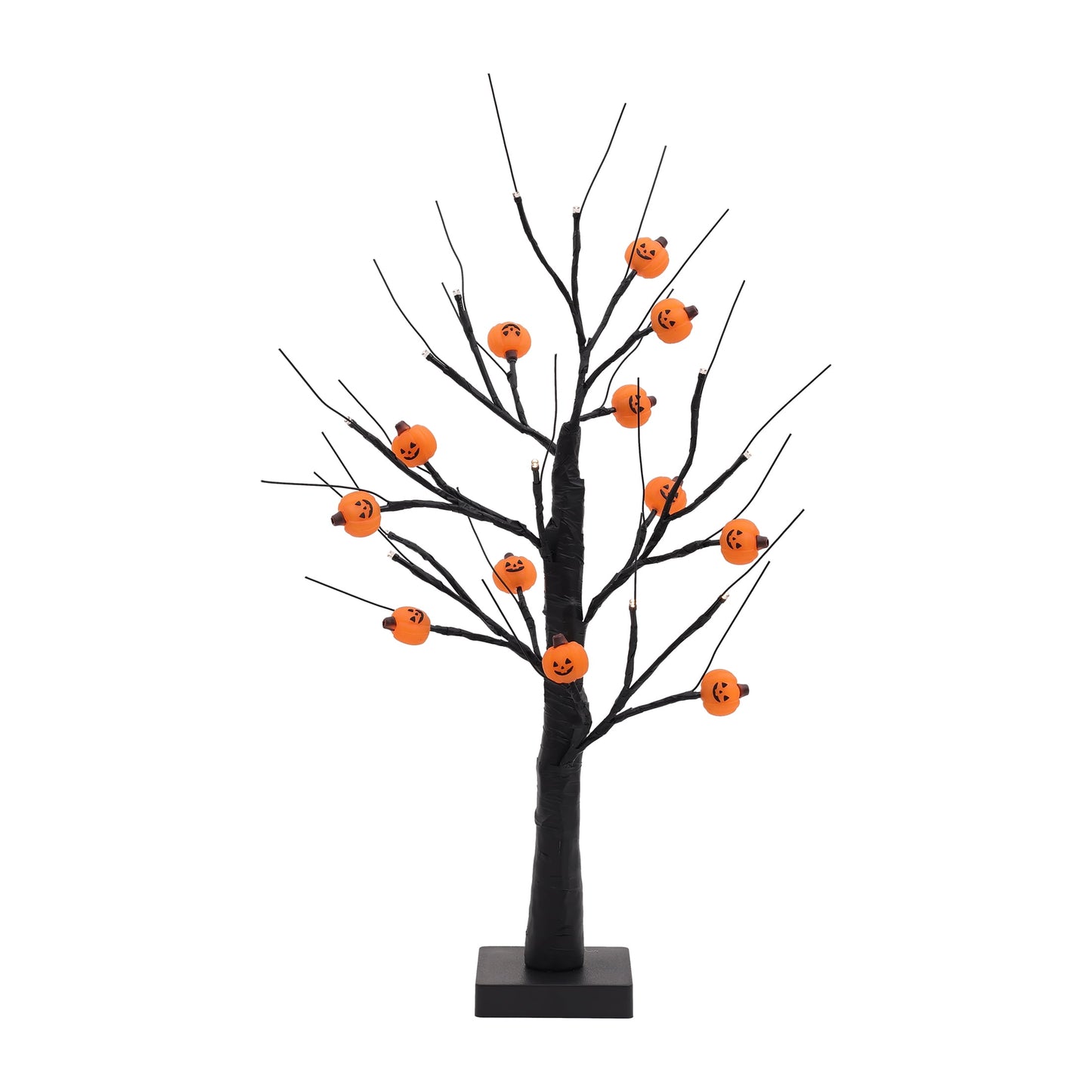 2FT Light-Up Tree with 12 Glowing Pumpkin Ornaments - Black Tabletop Decor, Battery/USB Powered LED Display for Indoor Festive Parties
