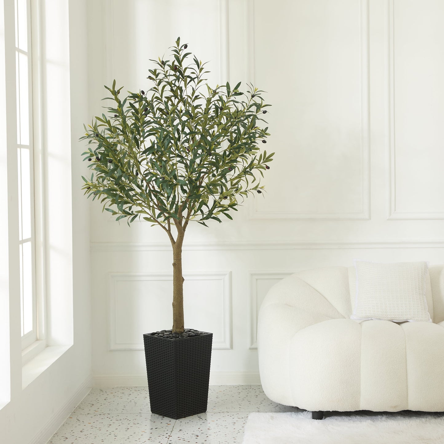 DR.Planzen UV Resistant 6ft Artificial Olive Tree in Black Large Planter with Pebbles¨C Faux Olive Tree for Indoor and Outdoor Decor, Lifelike Greenery for Home & Garden Decor