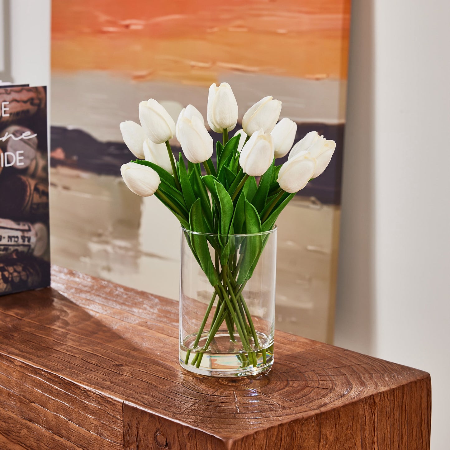 12in Artificial White Tulips Fake Flowers in Vase Real Touch Tulips ¨C Faux Tulips Bouquet with Glass Vase & Faux Water, Tulips Centerpiece for Spring Home Decor Dining Table Wedding Mothers Day
