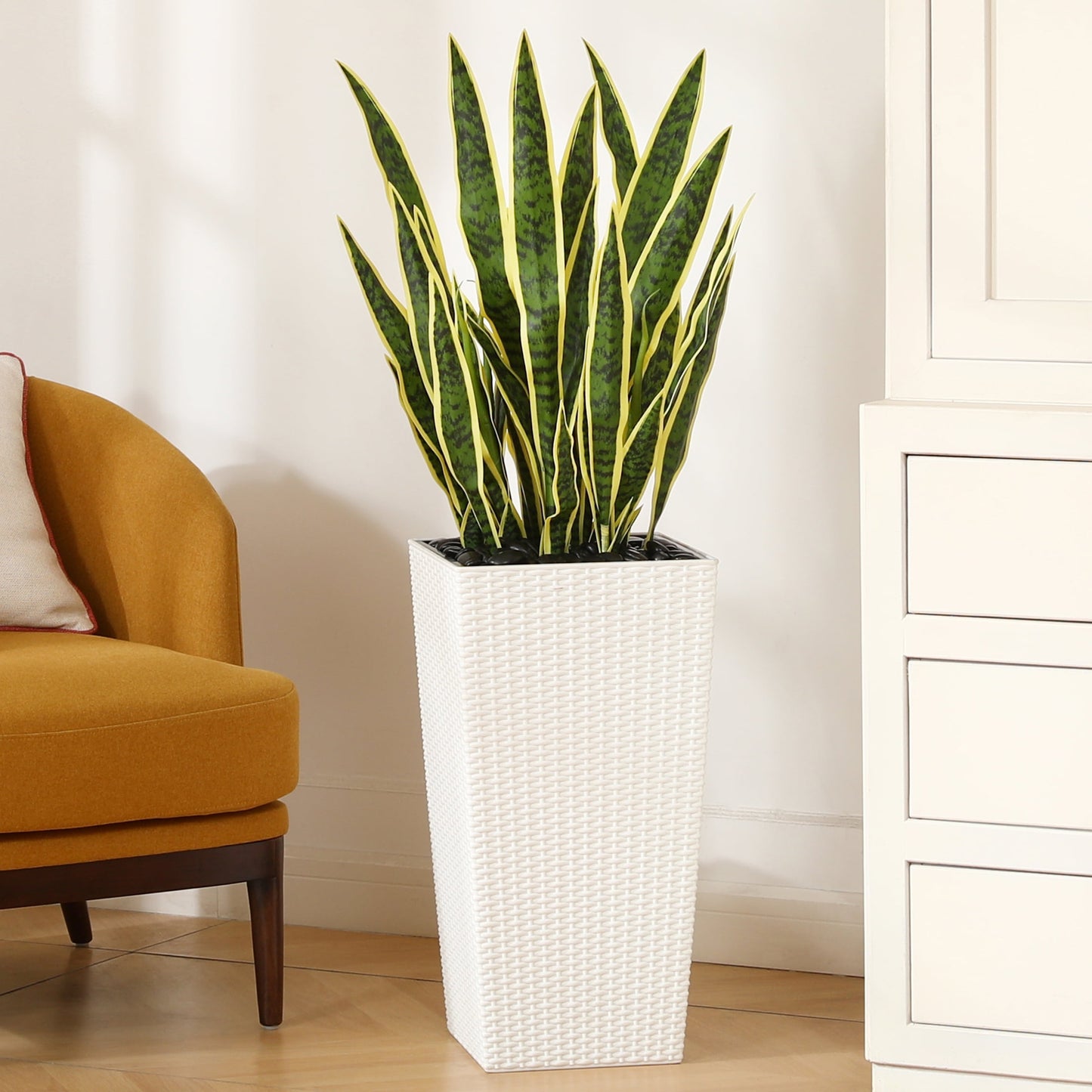 4ft UV Resistant Artificial Yellow Snake Plant with White Tall Planter, Pre Potted Fake Sansevieria Plant for Indoor Outdoor Home Decor, Fake Plants for Office House Decor