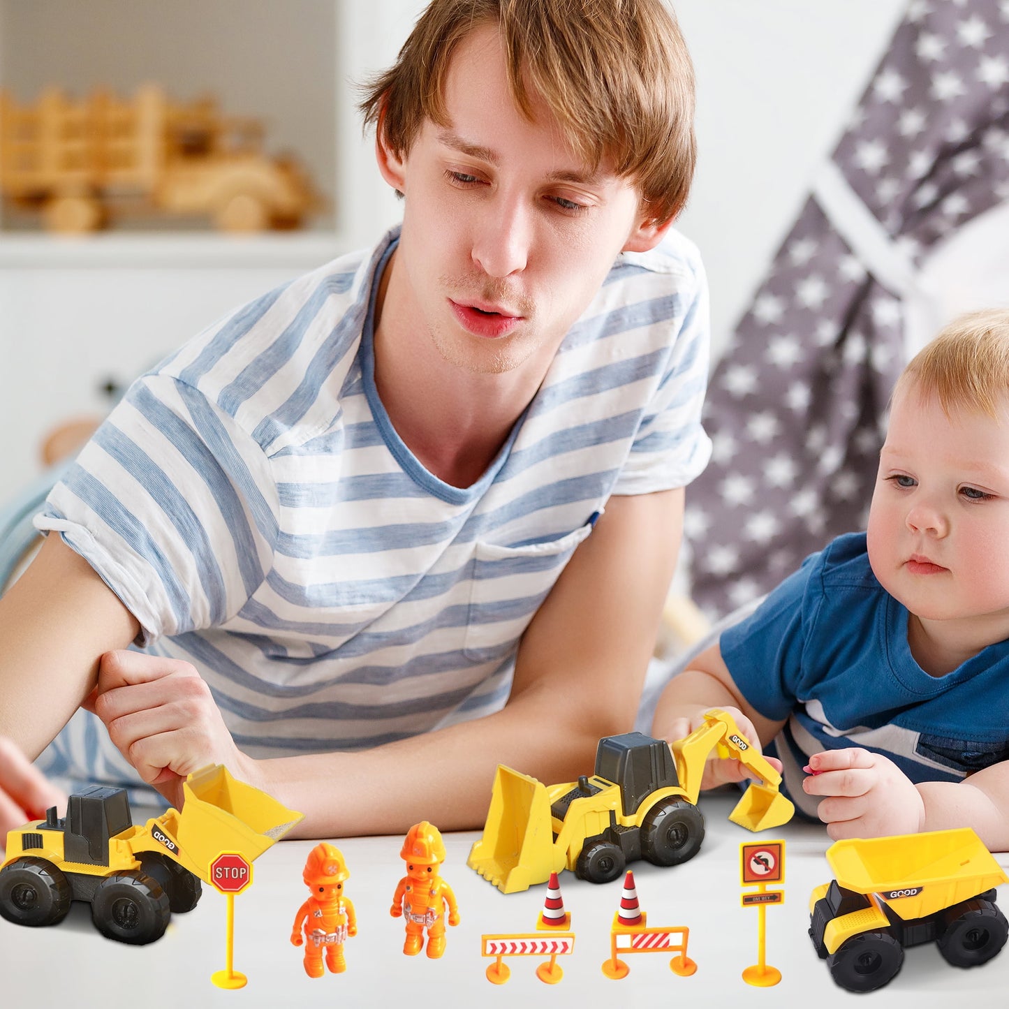 DR.Planzen Play Construction Moving Sand Kit - Sensory Bin with 2lbs Moving Sand 3 Large Construction Trucks,16 Construction Toys & Signs,4 Castle Molds,Sensory Toys for Children