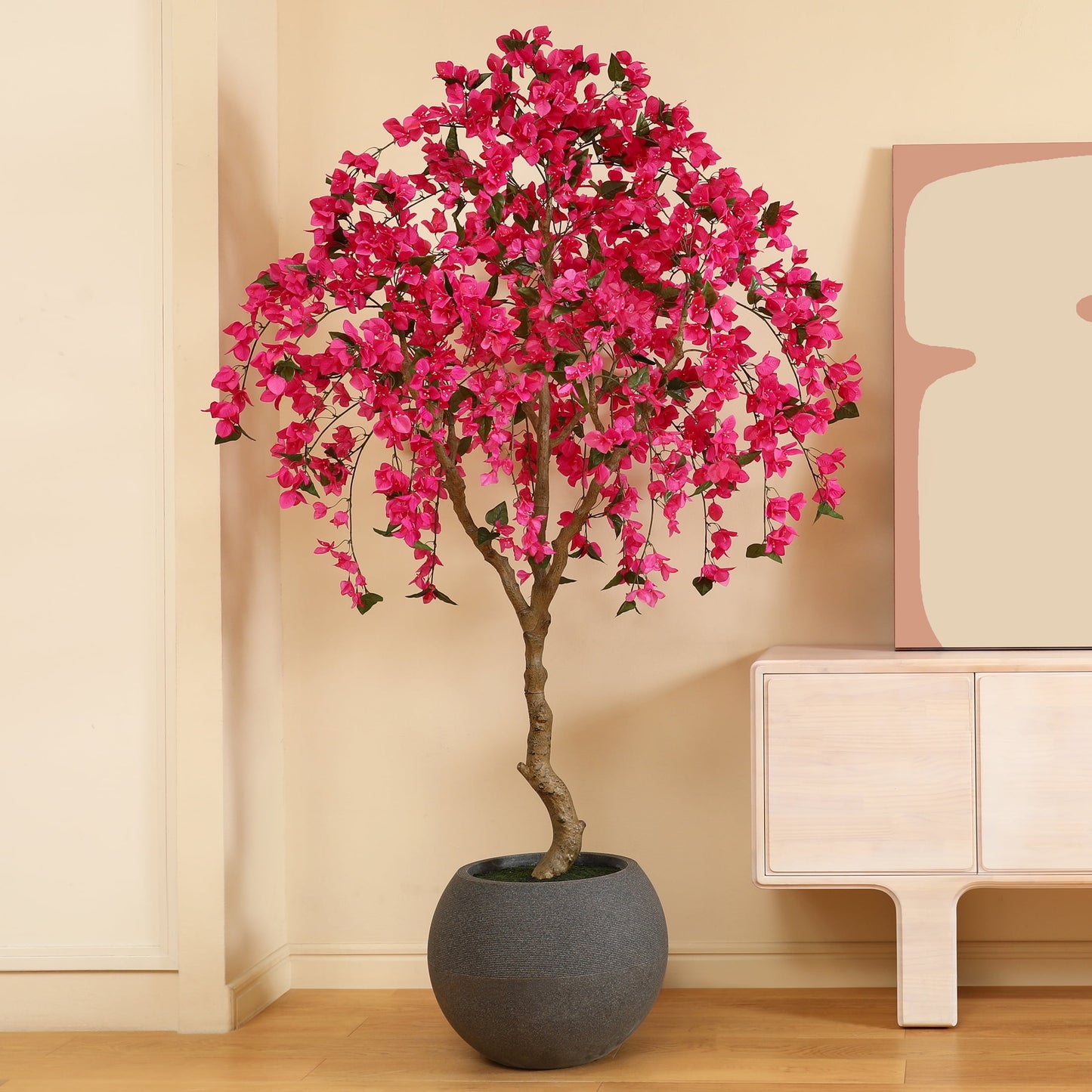 7ft UV Resistant Fake Bougainvillea Flowers Tree with Grey Tall Planter, Pre Potted Artificial Bougainvillea Red Flowers Tree for Indoor Outdoor Home Decor, Big Faux Plants